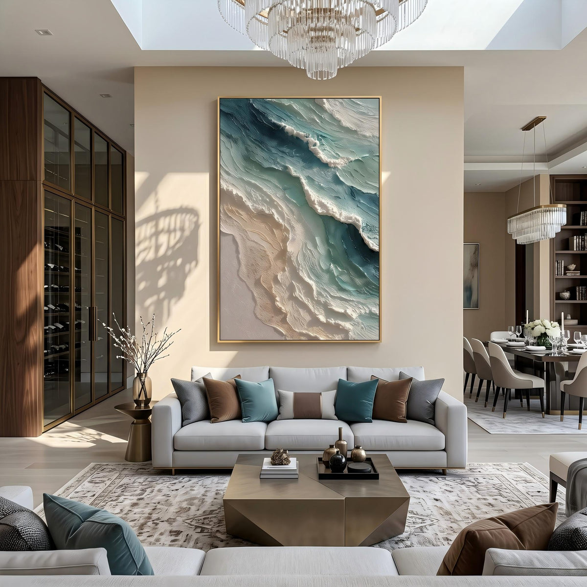Ocean Crest Meets Sky – Blue Green Coastal Wave Painting | Textured Vertical Wall Art