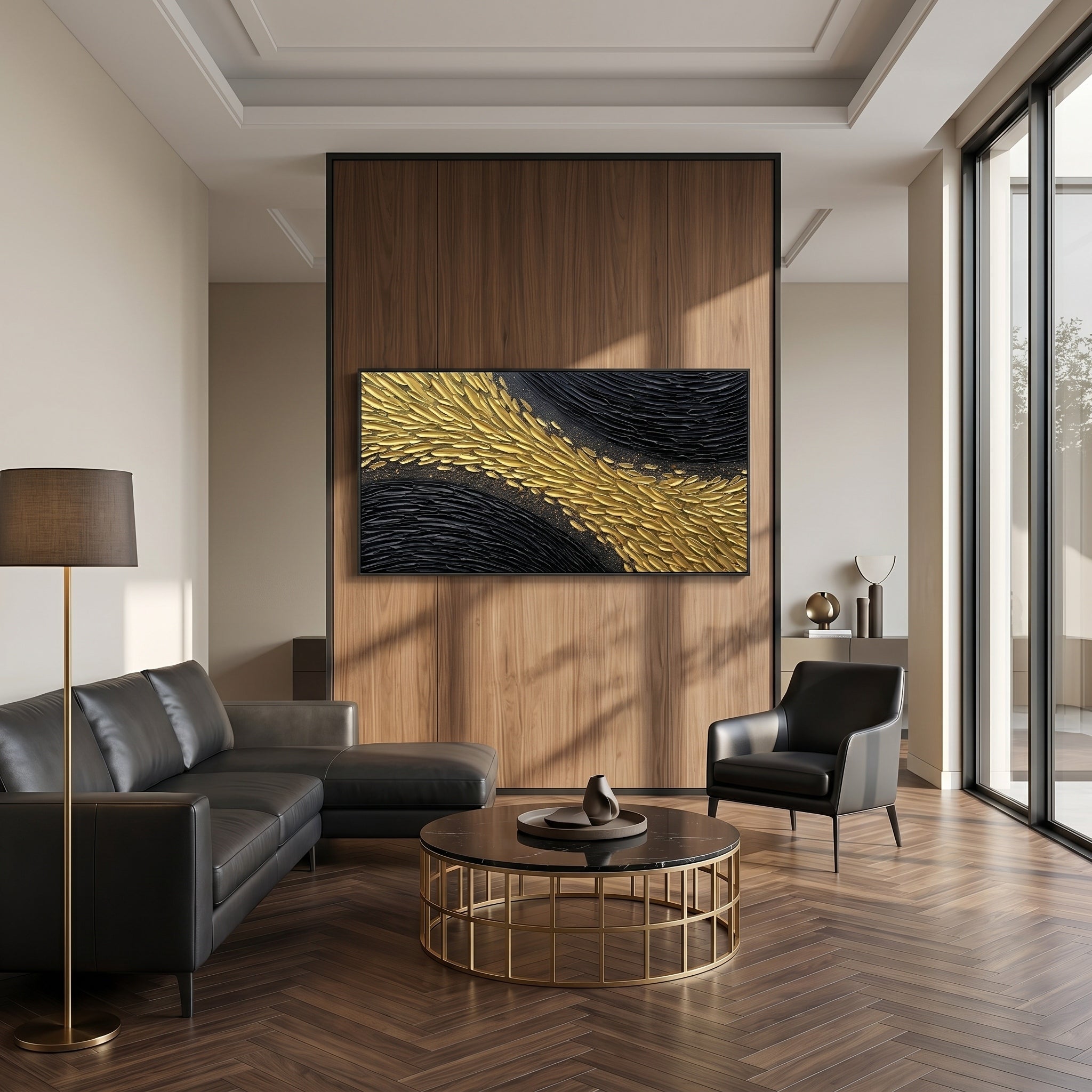 Golden Scales in Motion – Modern Black-and-Gold Textured Artwork | Abstract Horizontal Living Room Art