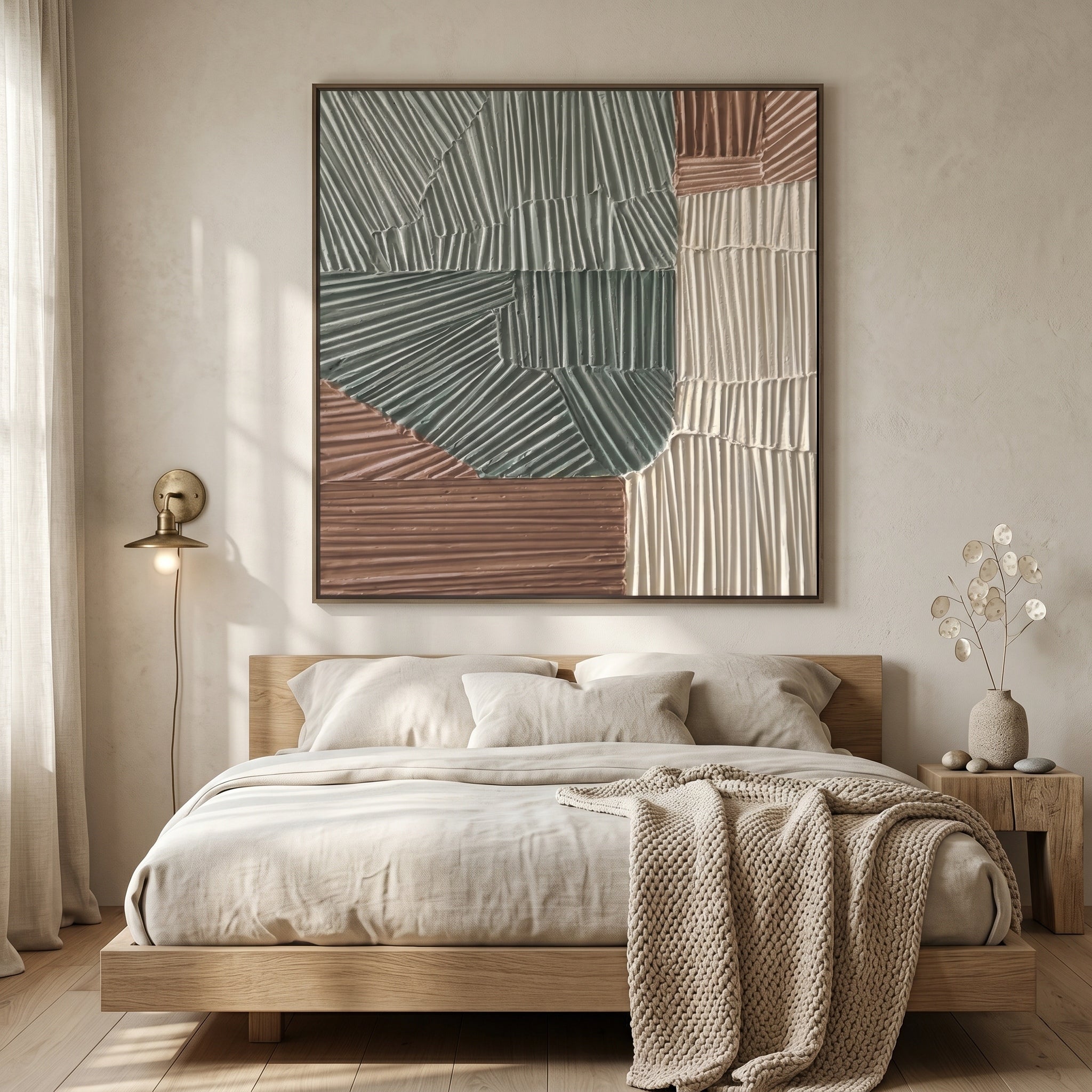 Zen Pathways – Wabi-Sabi Earth Tone Plaster Line Texture Canvas | Minimalist Living Room Art