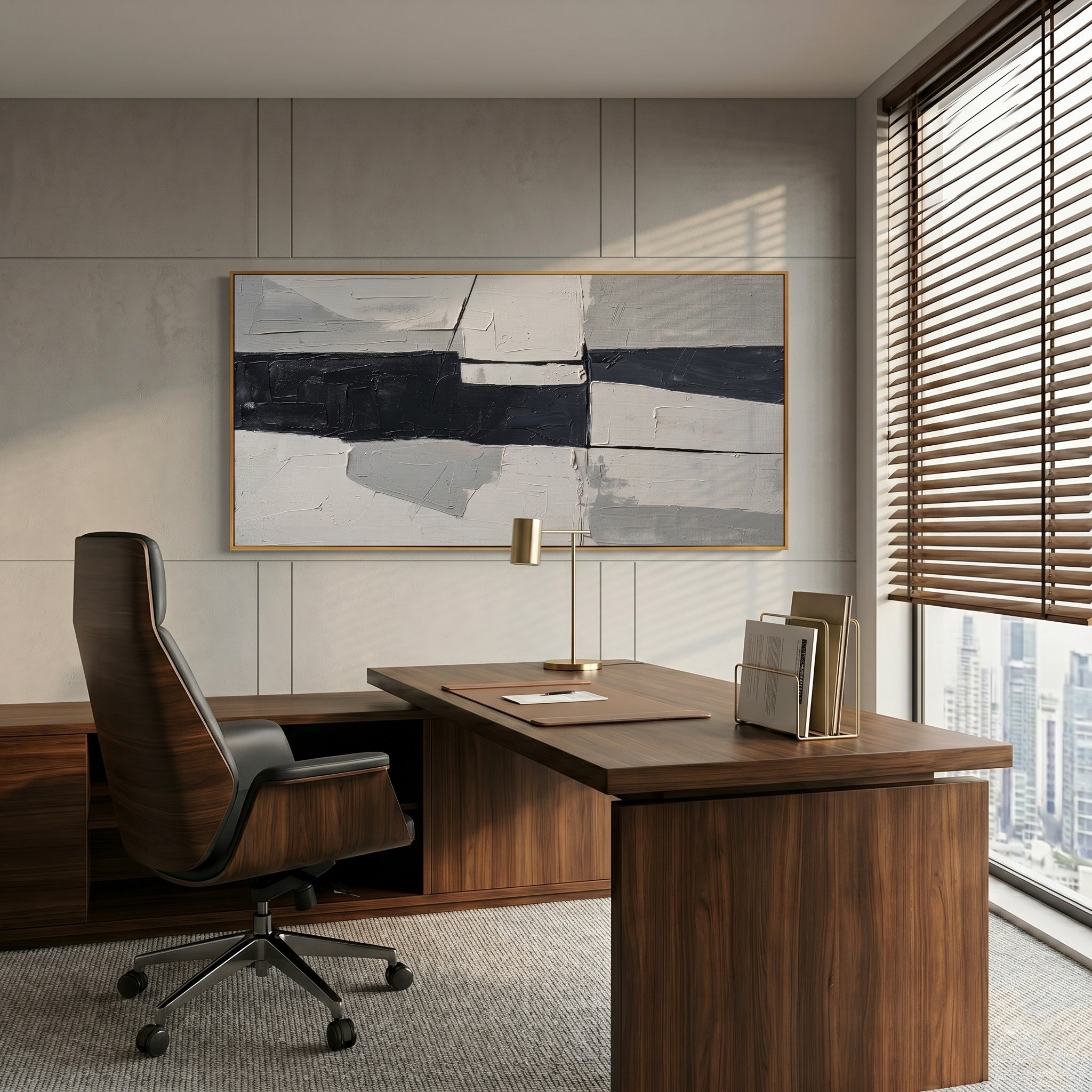 Geometric Edge – Modern Minimalist Black & White Abstract Oil Painting | Structural Color Block Office Art