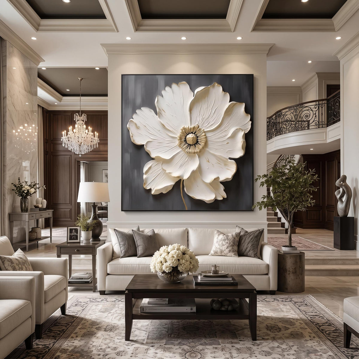 Ivory Blossom Relief – White Gold Floral Painting | Textured Square Wall Art