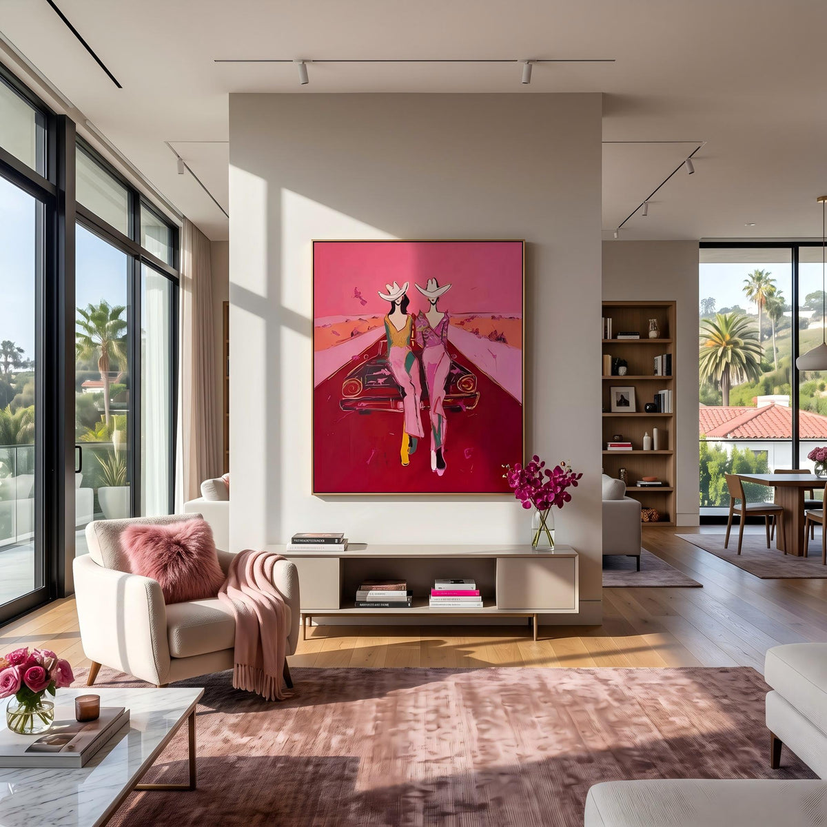 Cowgirls Meet the Horizon – Pop Art Western Friends Painting | Bold Pink Vertical Wall Art