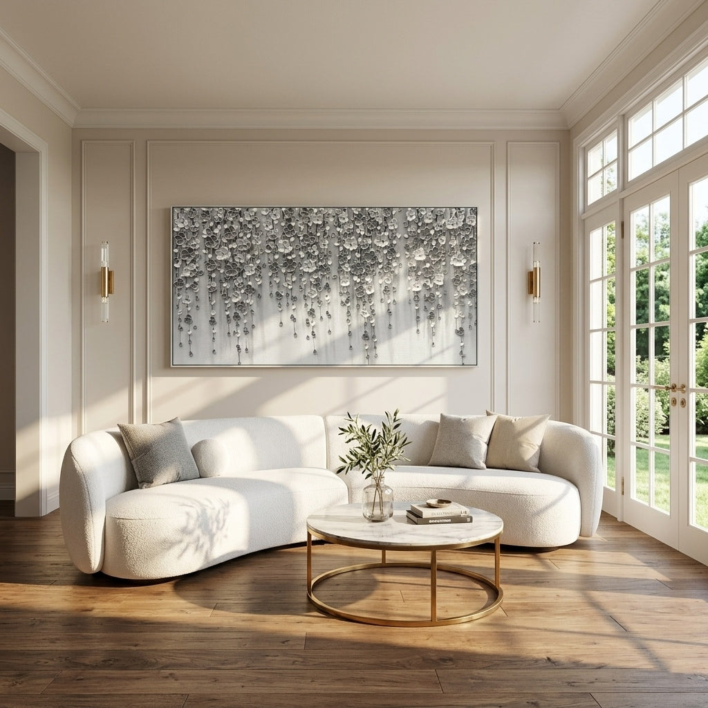 Whispering Shadows – Modern Minimalist Monochrome Oil Painting | Impasto Cascading Petal Living Room Art