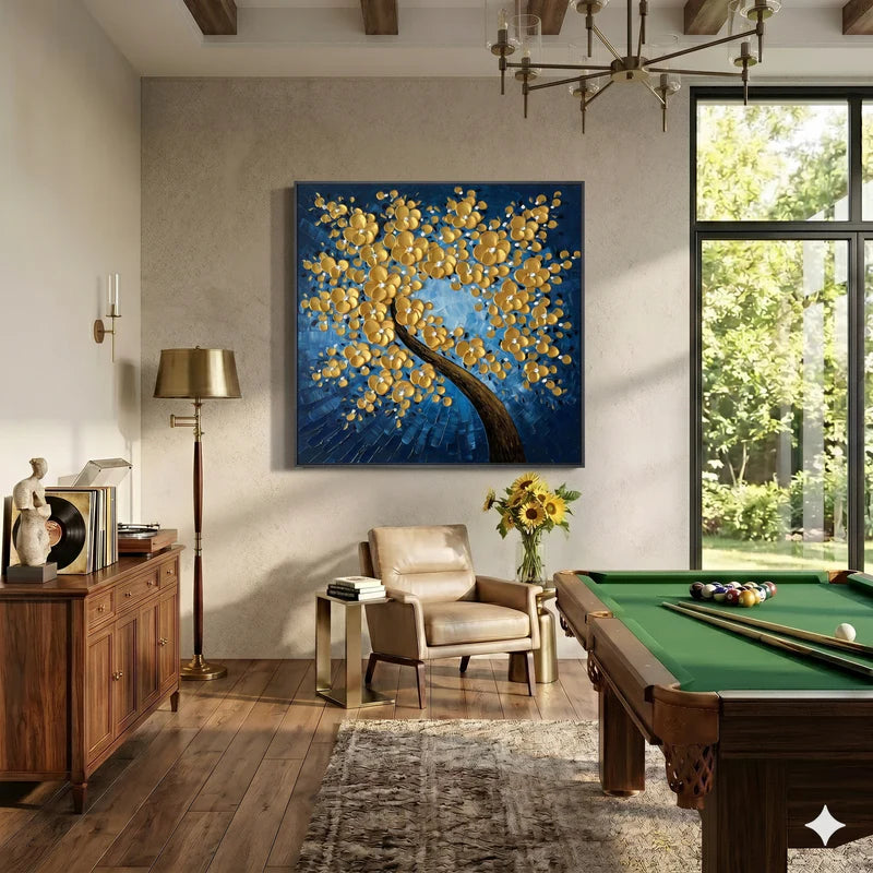 Azure Radiance – Blue & Gold Impasto Floral Tree Oil Painting | Modern Luxury Entryway Square Wall Art