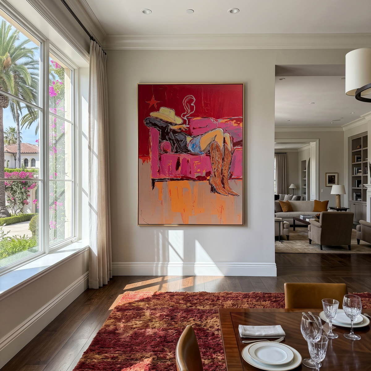 Couch Boots After Sundown – Pop Art Reclining Cowgirl Painting | Red Vertical Wall Art