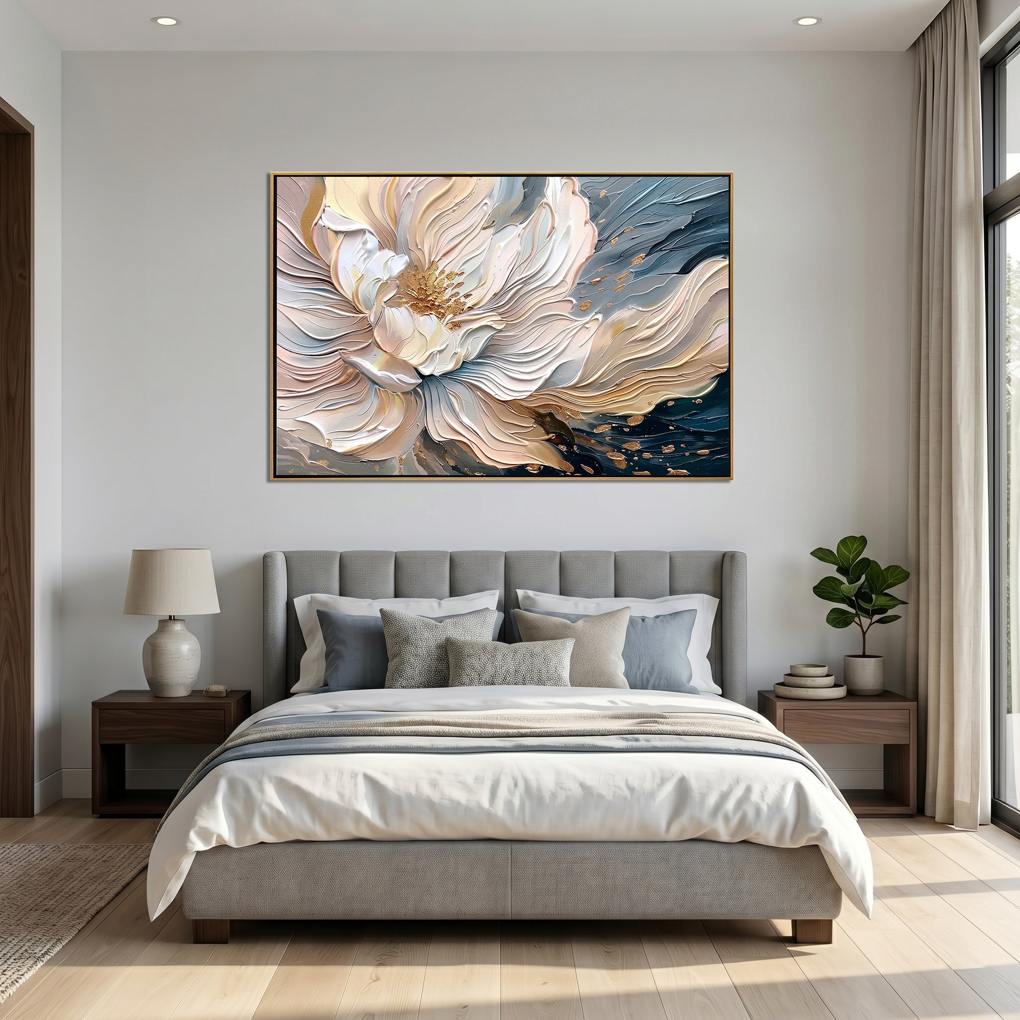 Flowing Gilt – Modern Luxury Abstract Floral Impasto Canvas | Elegant Living Room Wall Art