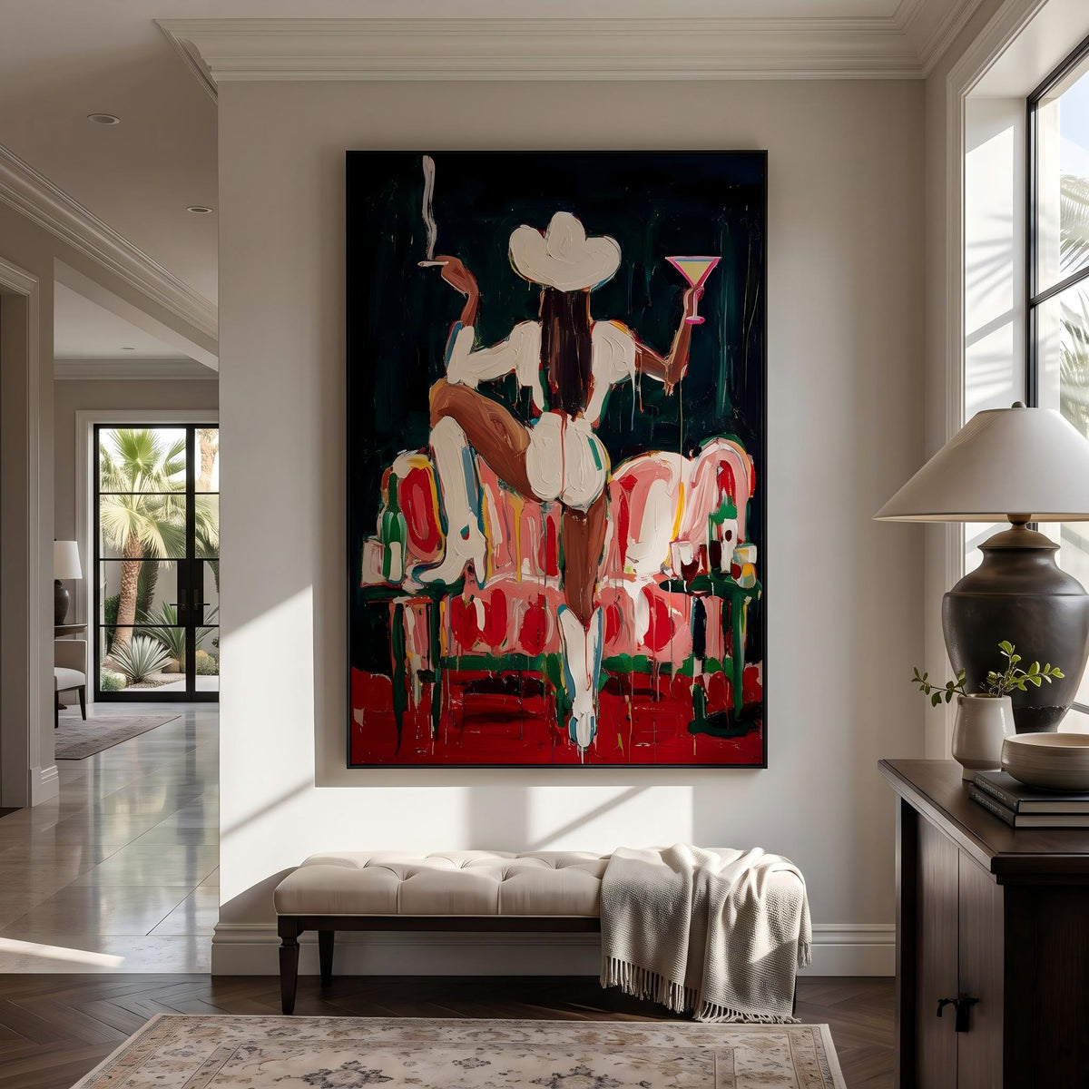 White Hat Takes Center – Pop Art Western Figure Painting | Dark Vertical Wall Art