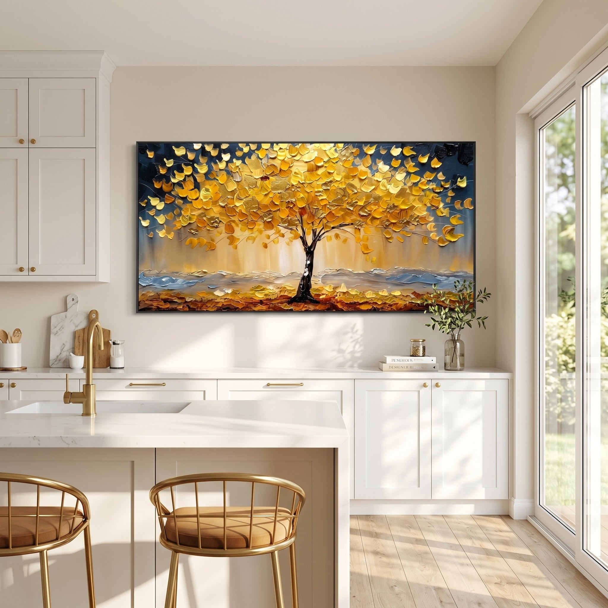 Gilded Abundance – Modern Luxury Oil Painting | Impasto Golden Tree of Life Living Room Art