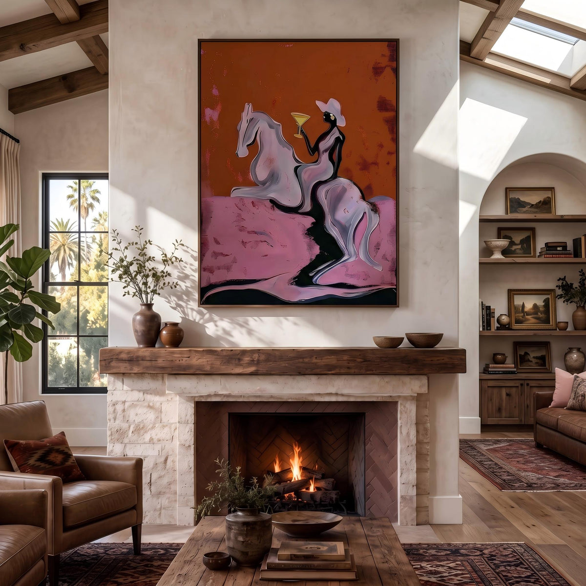 Pink Clouds Carry Rider – Pop Art Cowboy Horse Painting | Playful Orange Vertical Wall Art