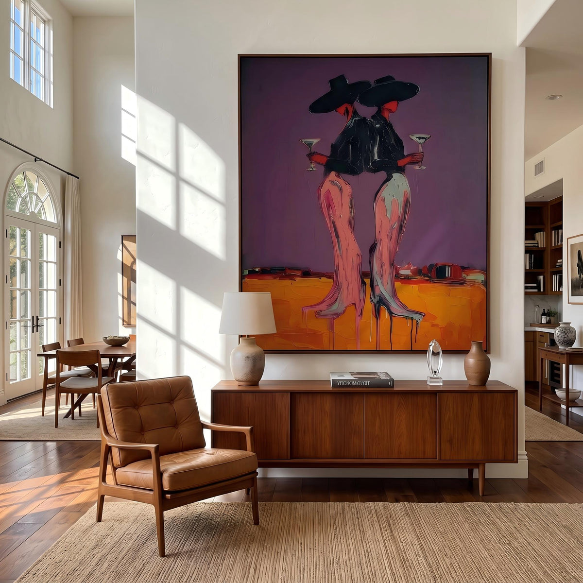 Two Cowgirls After Sunset – Pop Art Western Women Painting | Bold Purple Vertical Wall Art