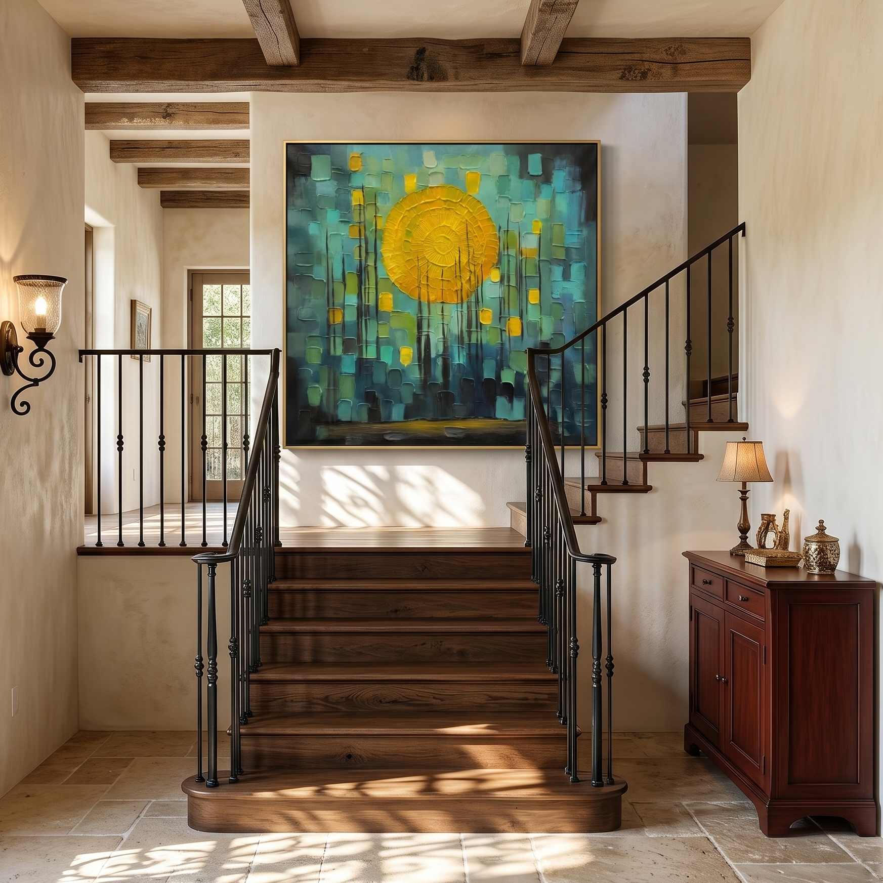 Dawn Illusion – Modern Abstract Teal and Yellow Impasto Sunrise | Healing Bedroom Wall Art