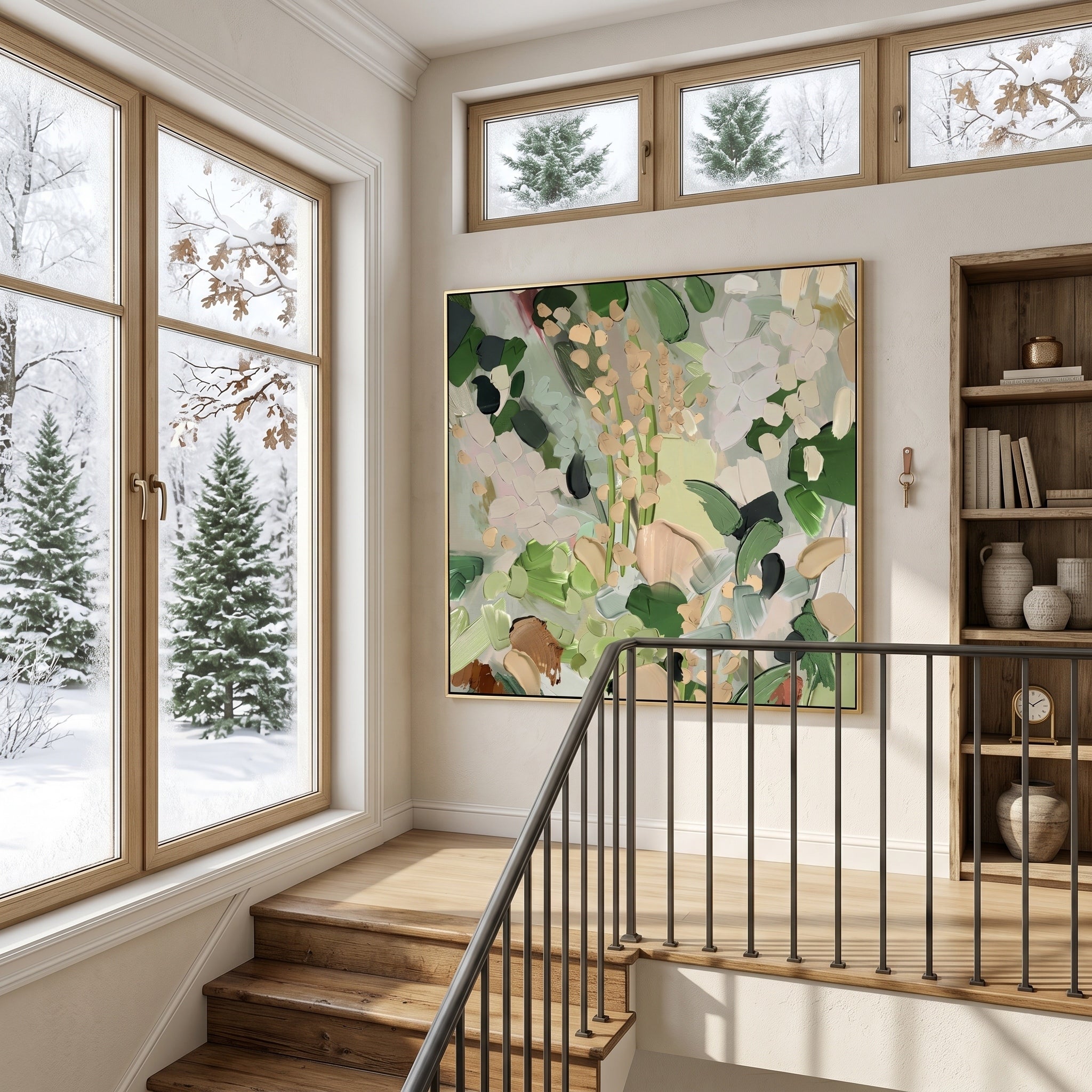 Woodland Serenity – Modern Wabi-Sabi Greenery Impasto Canvas | Minimalist Abstract Entryway Art