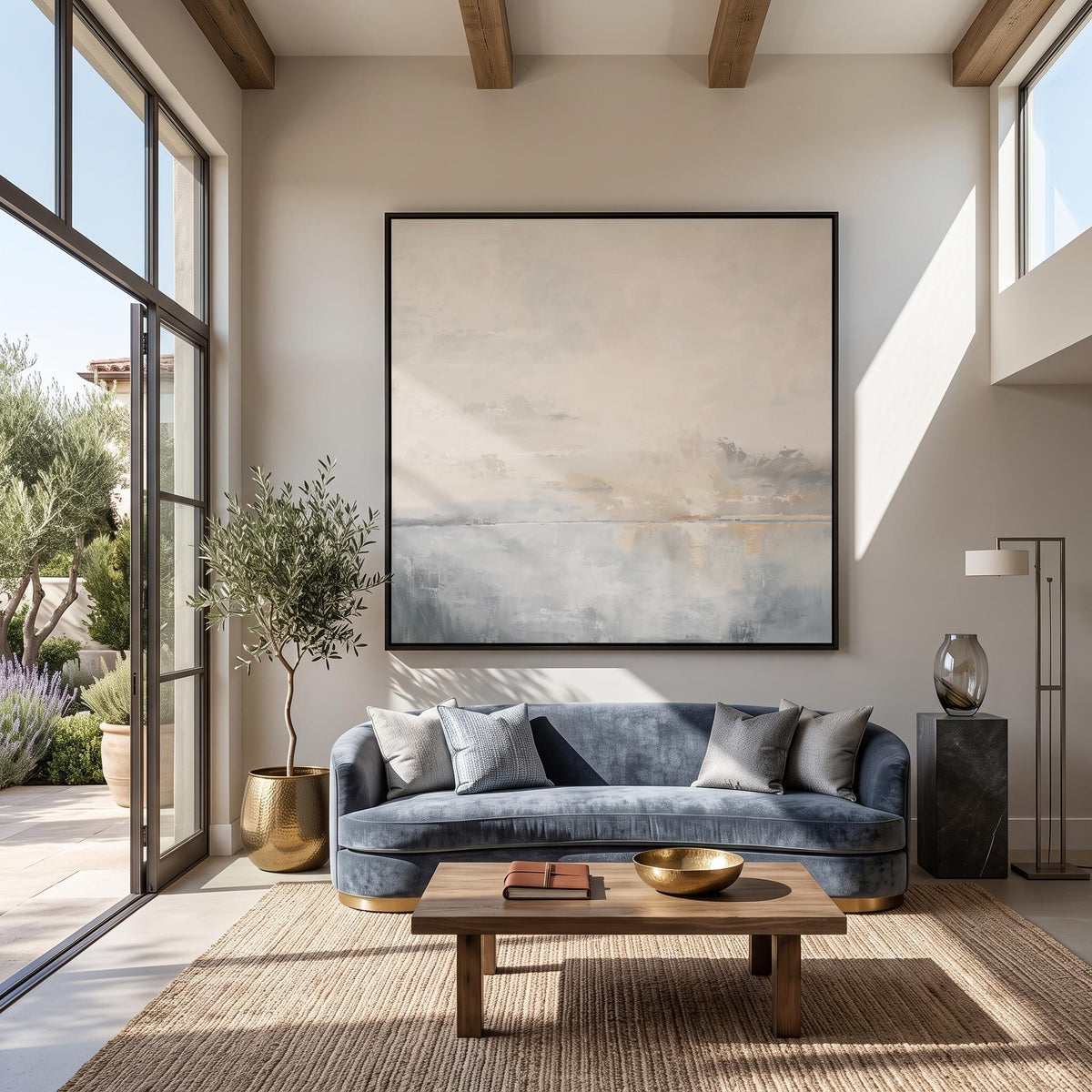 Horizon Fades to Pearl – Hazy Neutral Seascape Painting | Minimalist Square Wall Art