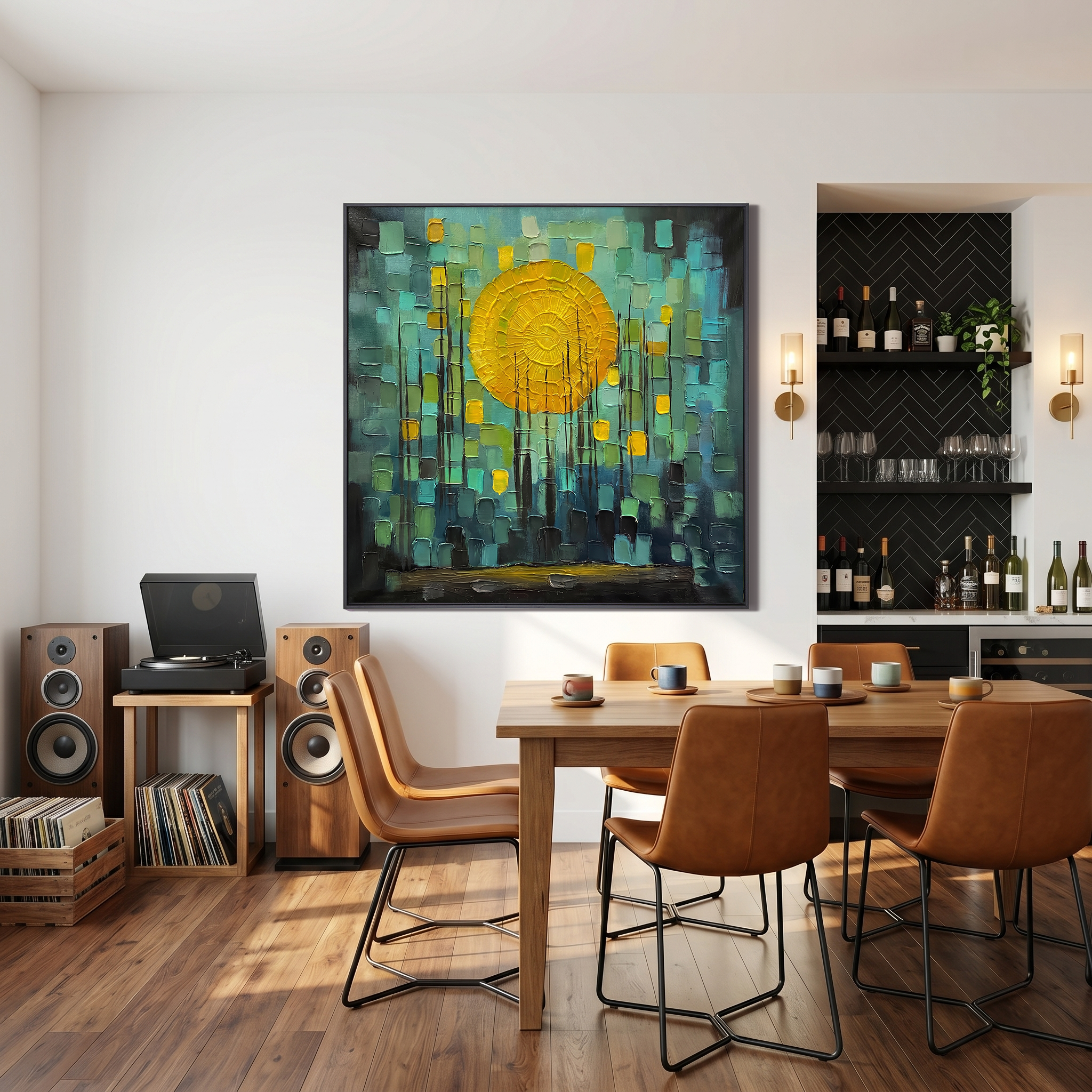 Dawn Illusion – Modern Abstract Teal and Yellow Impasto Sunrise | Healing Bedroom Wall Art