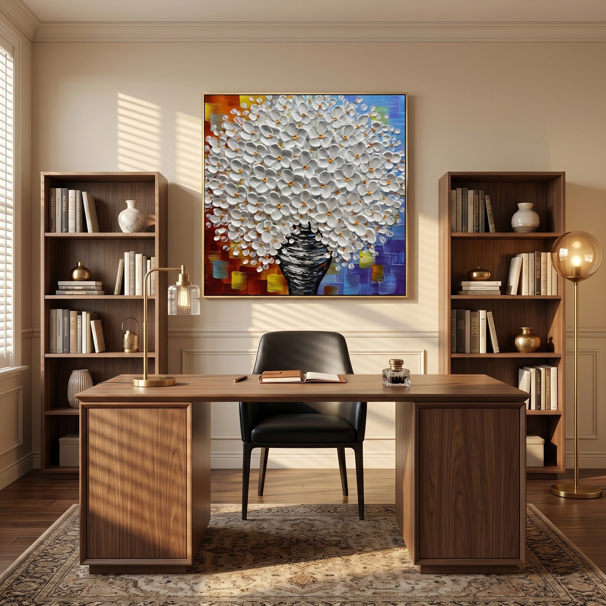 Ode to Blossoms – Modern Colorful Impasto White Floral Canvas | Vibrant Living Room Wall Art