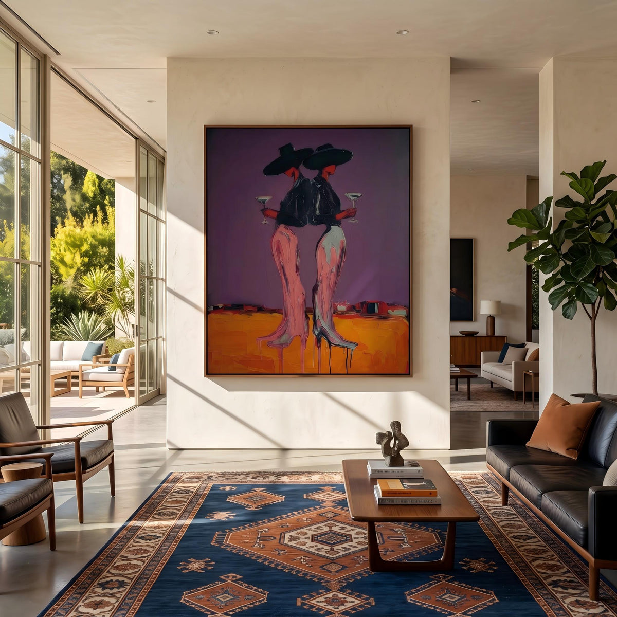 Two Cowgirls After Sunset – Pop Art Western Women Painting | Bold Purple Vertical Wall Art