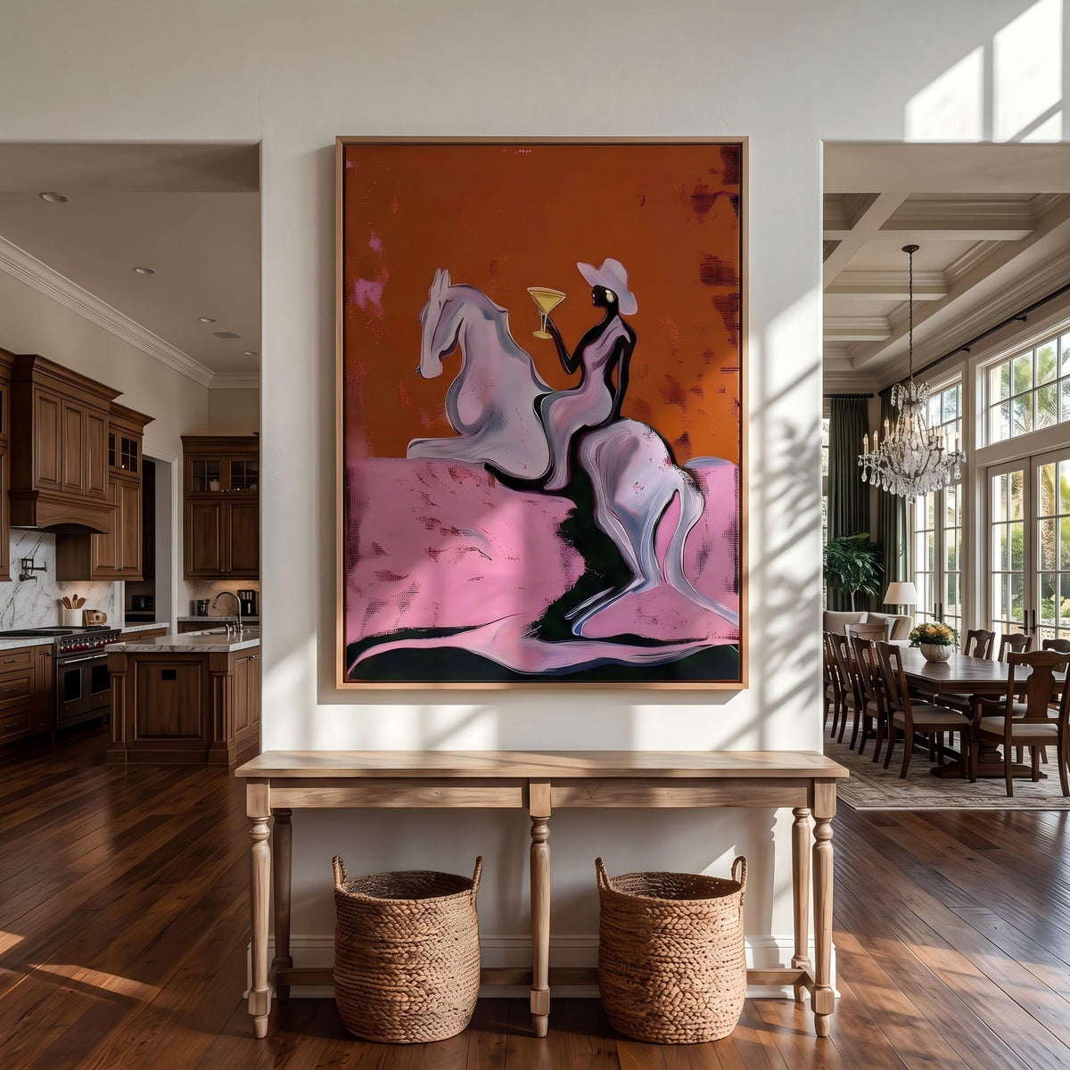 Pink Clouds Carry Rider – Pop Art Cowboy Horse Painting | Playful Orange Vertical Wall Art