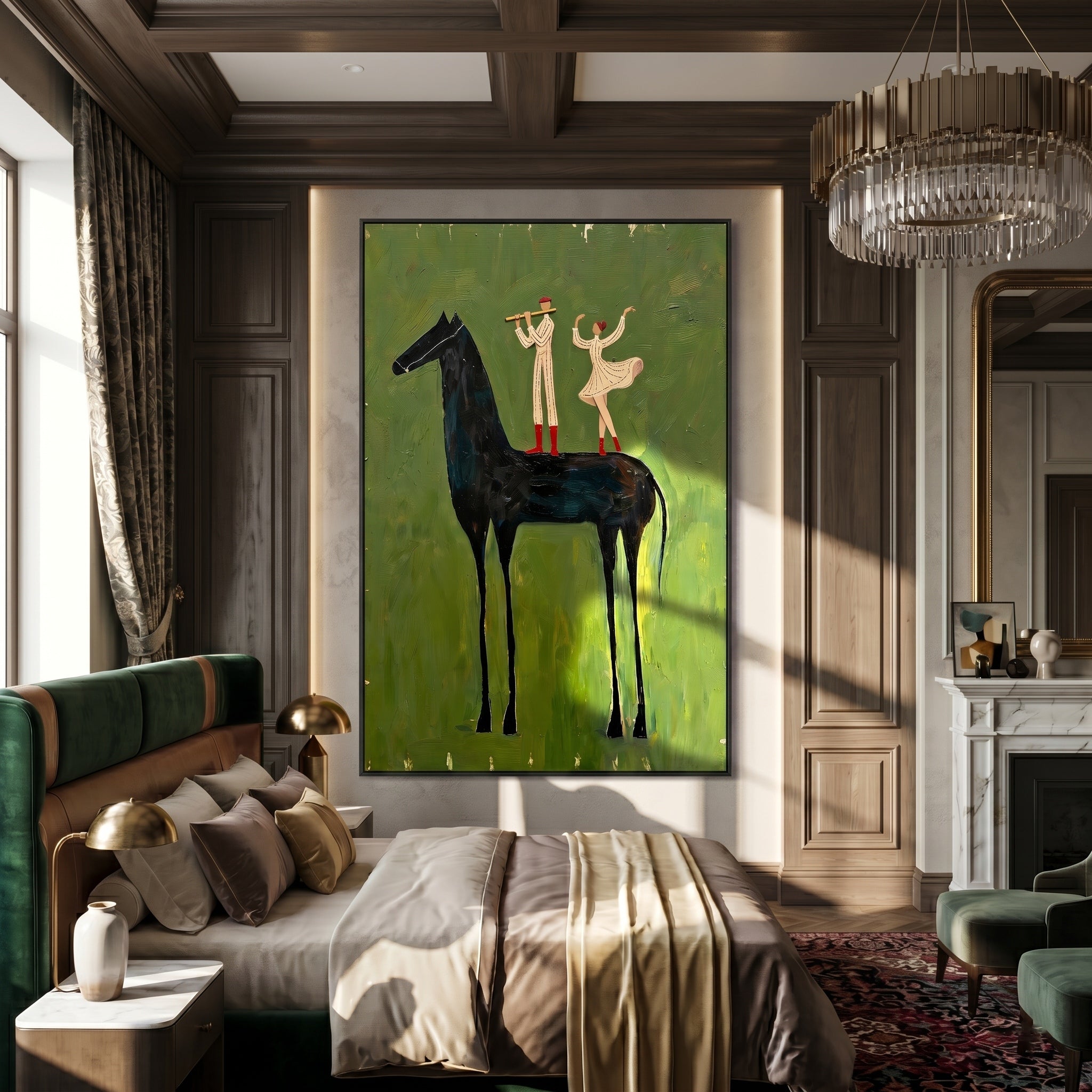 The Forest Serenade – Magical Realism Olive Green Painting | Whimsical Vertical Dining Room Art