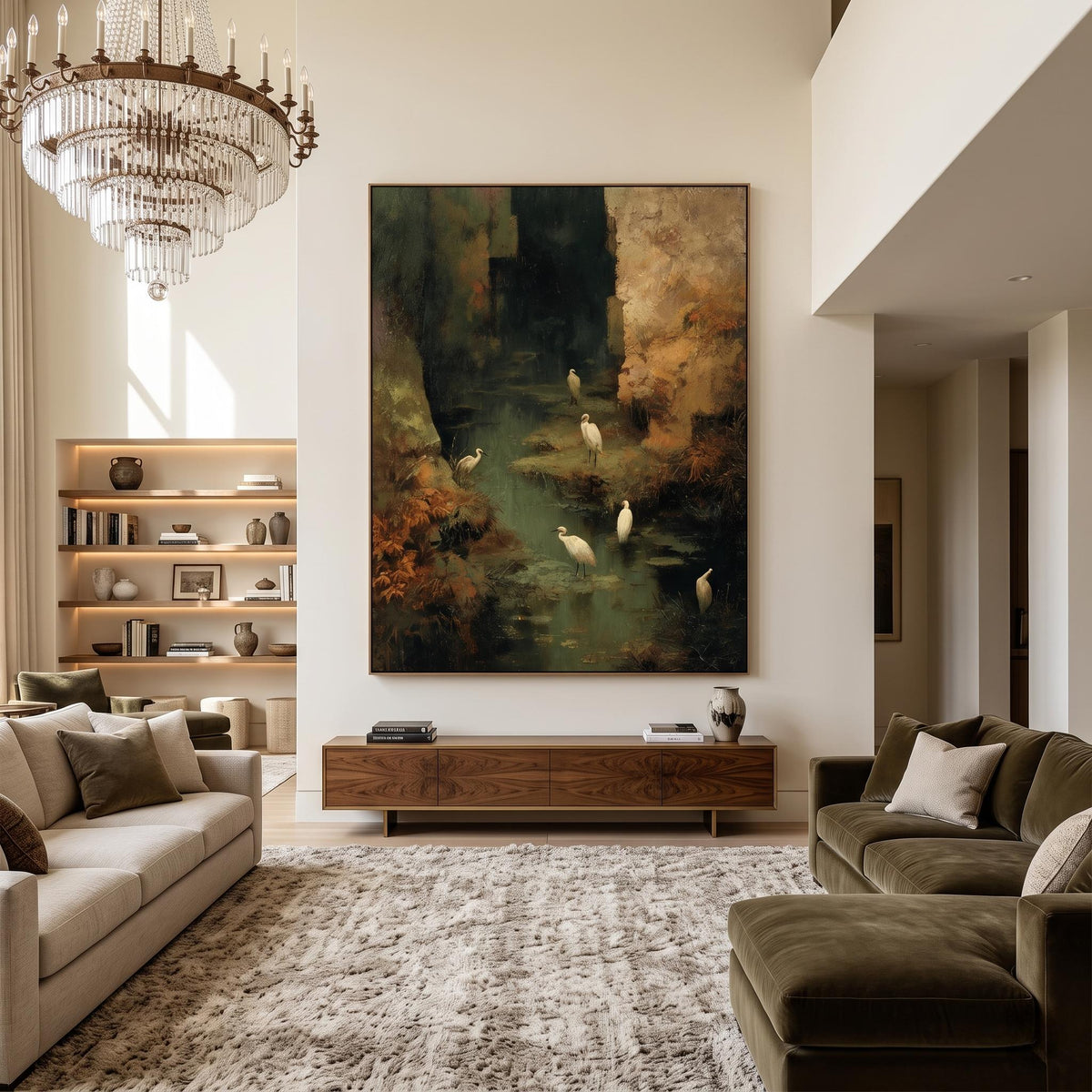 Egrets Through Emerald Marsh – Green Wetland Bird Painting | Impressionist Vertical Wall Art