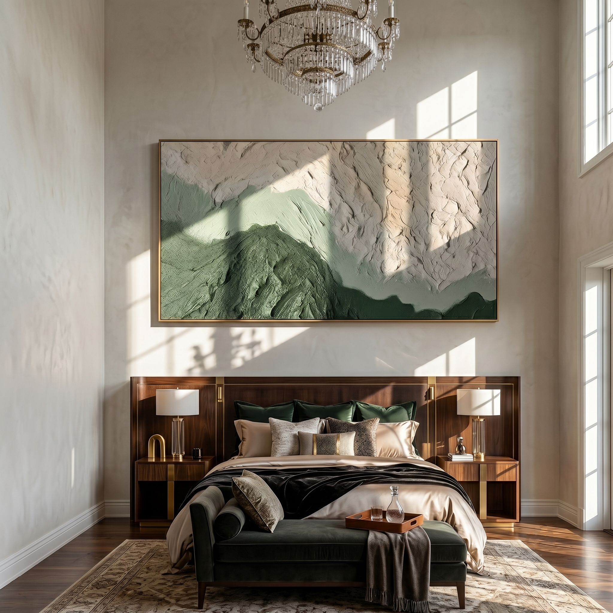 Verdant Ridges – Modern Organic Mountain Textured Art | Panoramic Sage Green Living Room Art