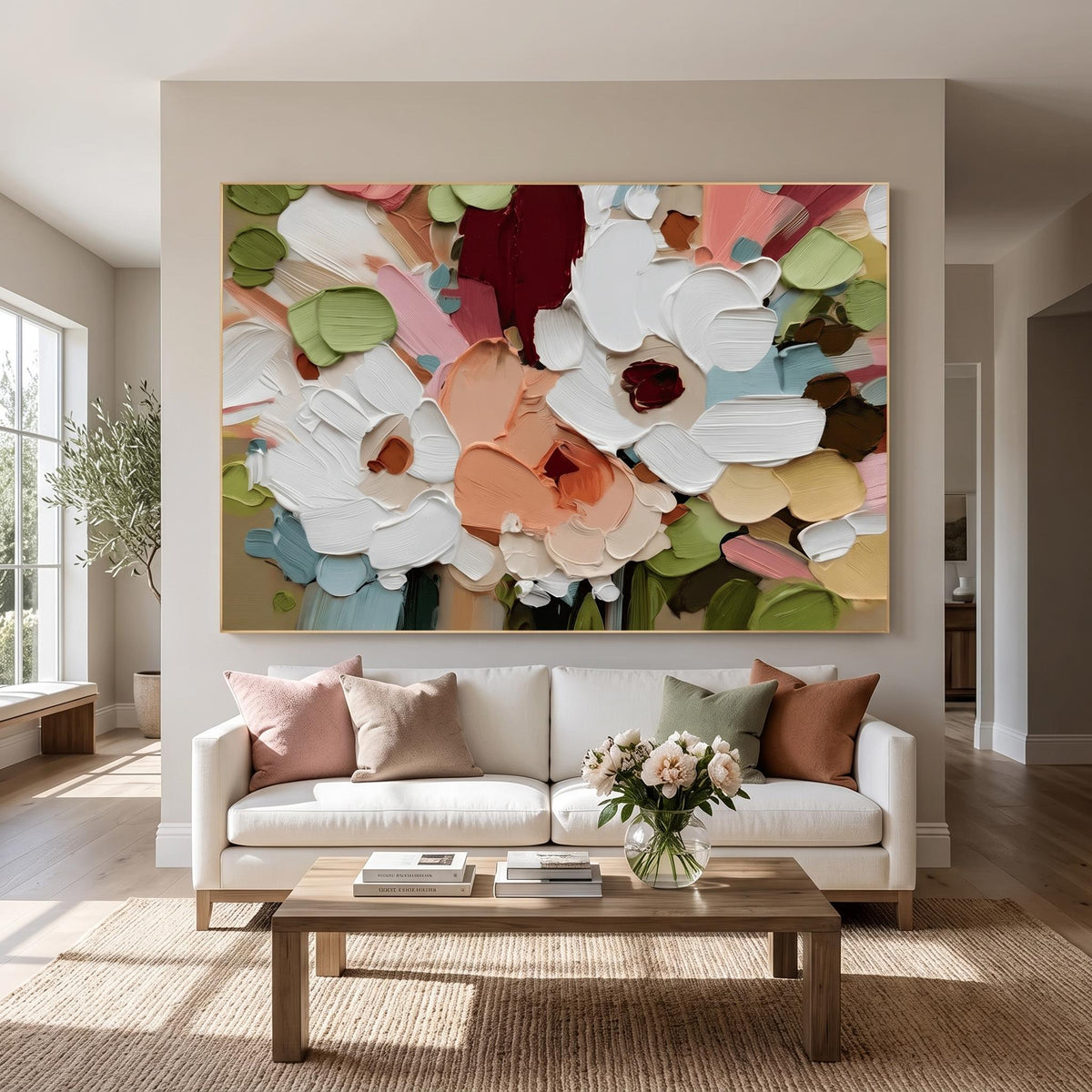 Petals Across Morning Light – Colorful Floral Painting | Textured Horizontal Living Room Wall Art