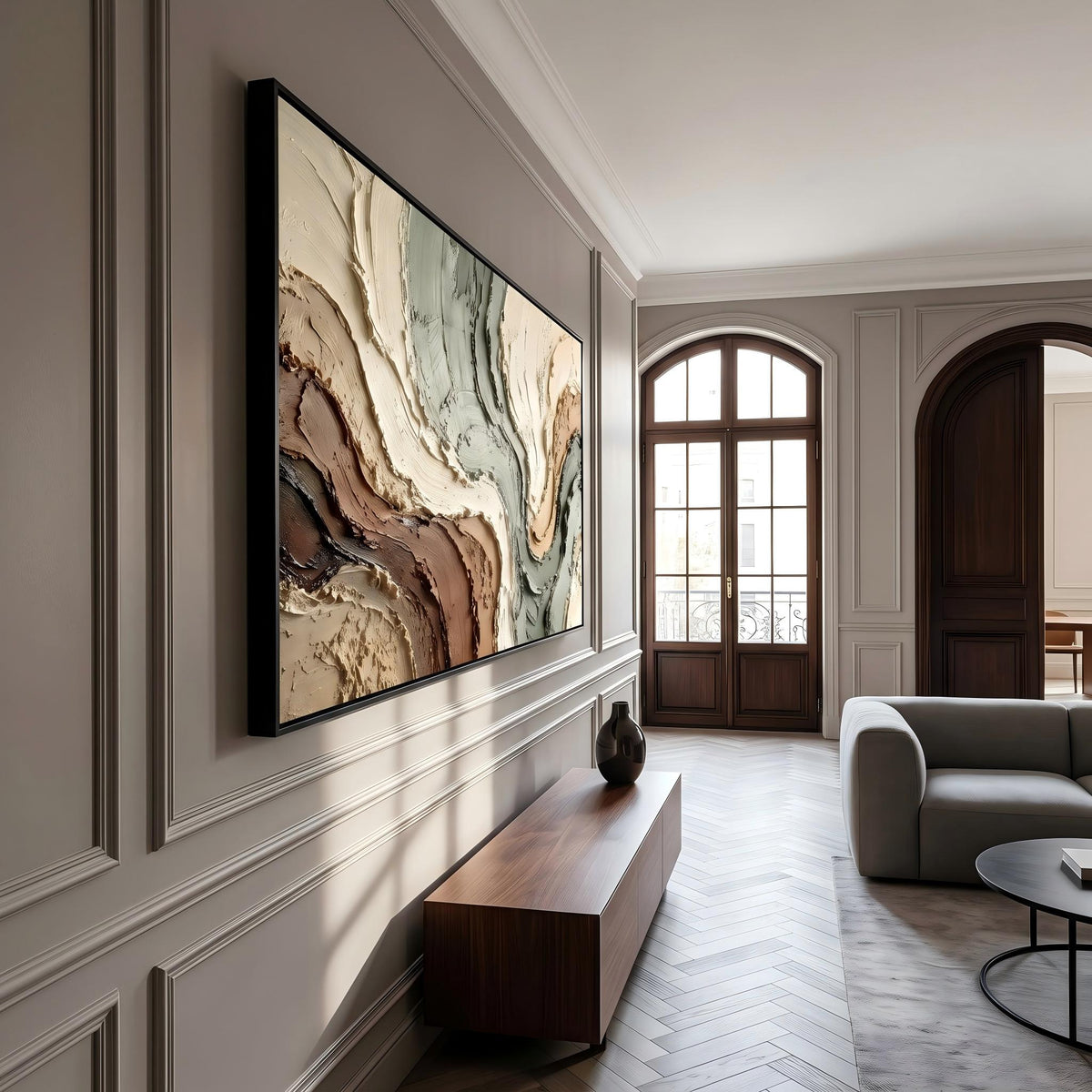 Earth Currents Unfold – Green Brown Layered Abstract Painting | Wabi-Sabi Horizontal Wall Art