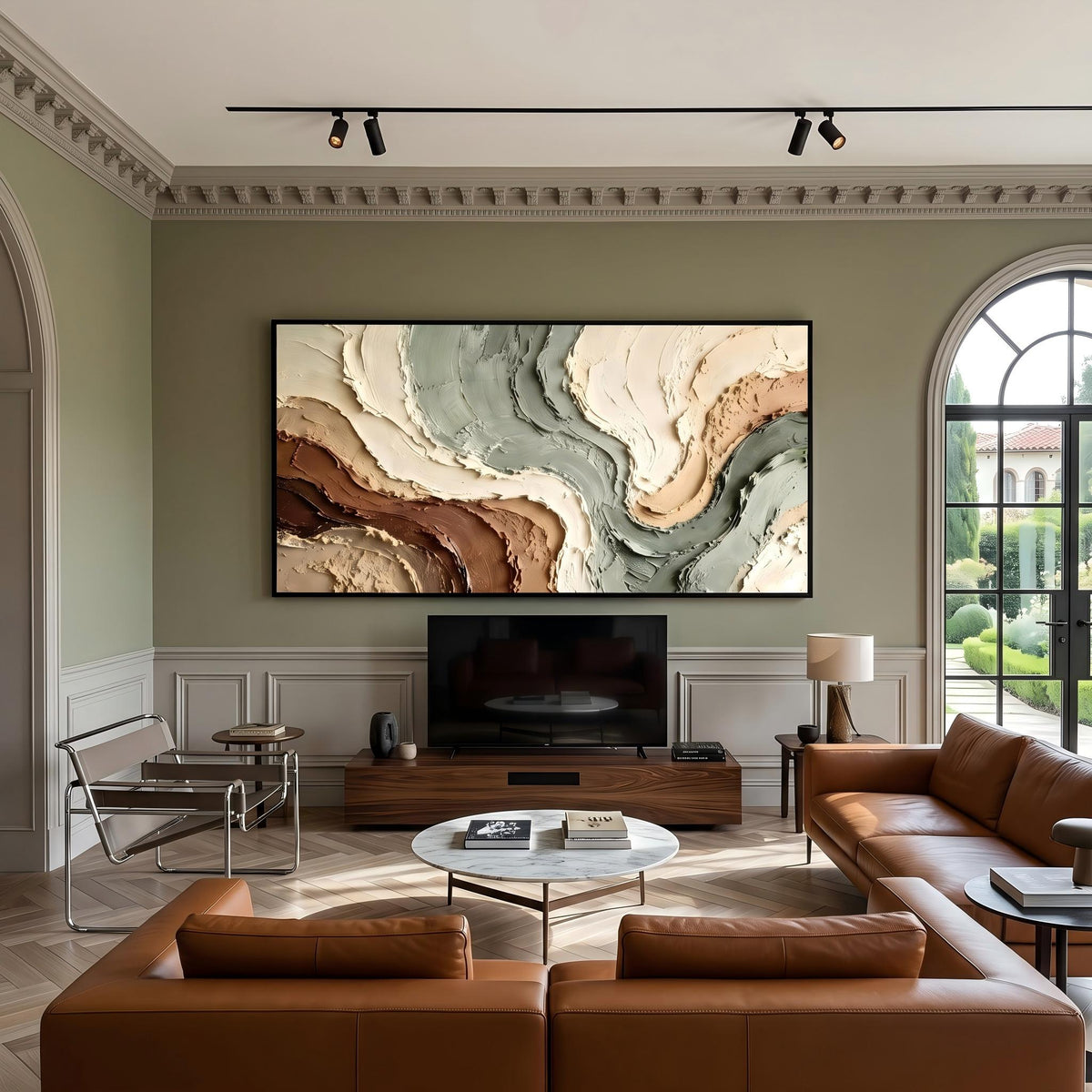 Earth Currents Unfold – Green Brown Layered Abstract Painting | Wabi-Sabi Horizontal Wall Art