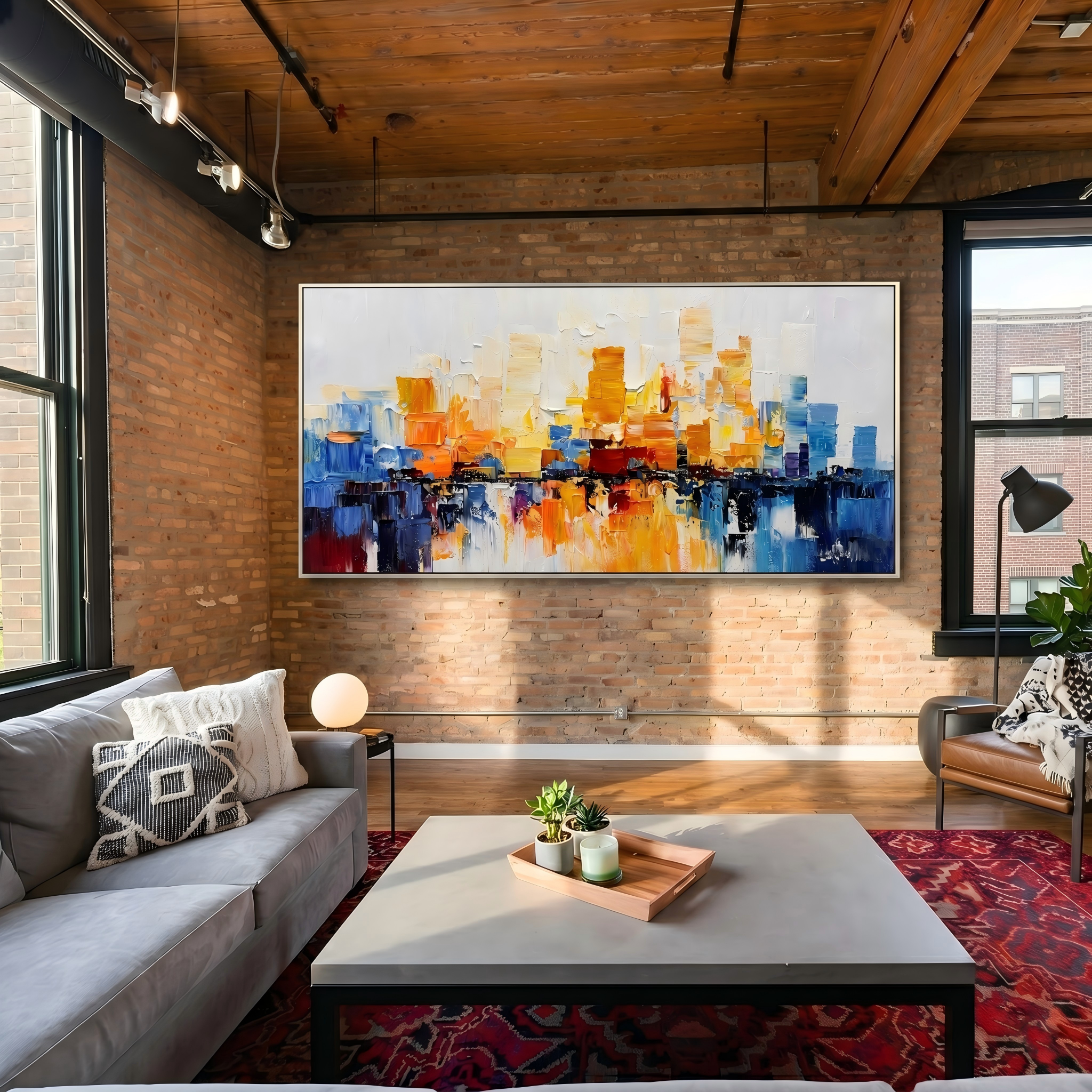 Dawn Metropolis – Modern Abstract Orange and Blue Impasto Cityscape Canvas | Vibrant Living Room Art
