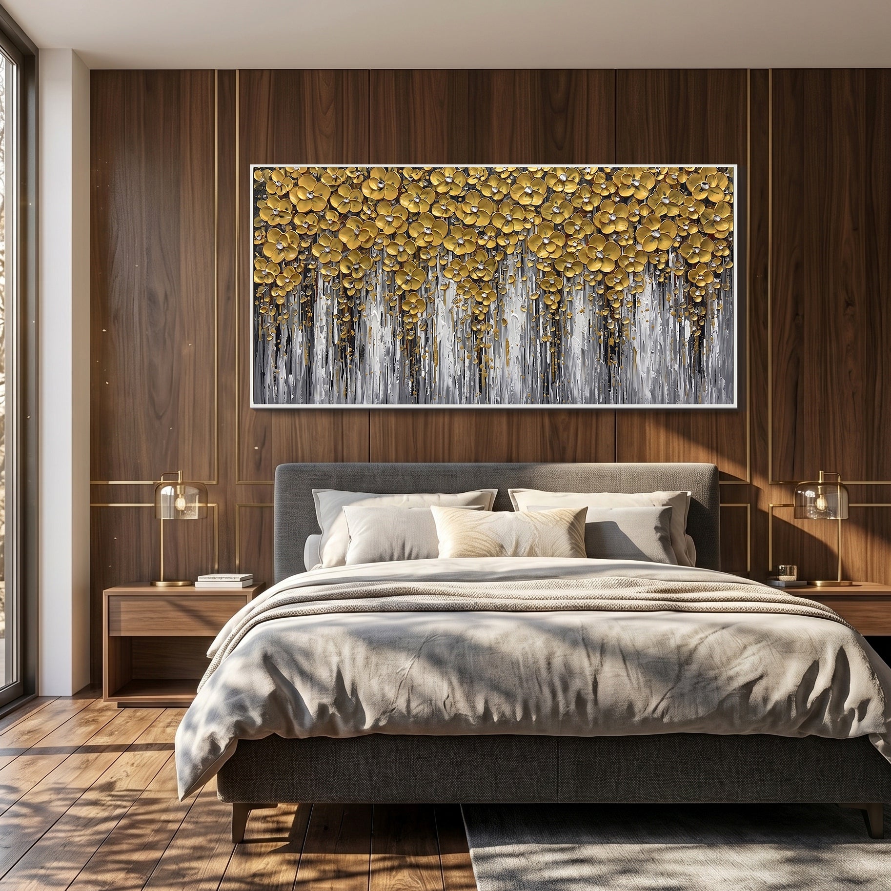 Golden Symphony – Modern 3D Relief Floral Oil Painting | Luxury Heavy Impasto Living Room Art