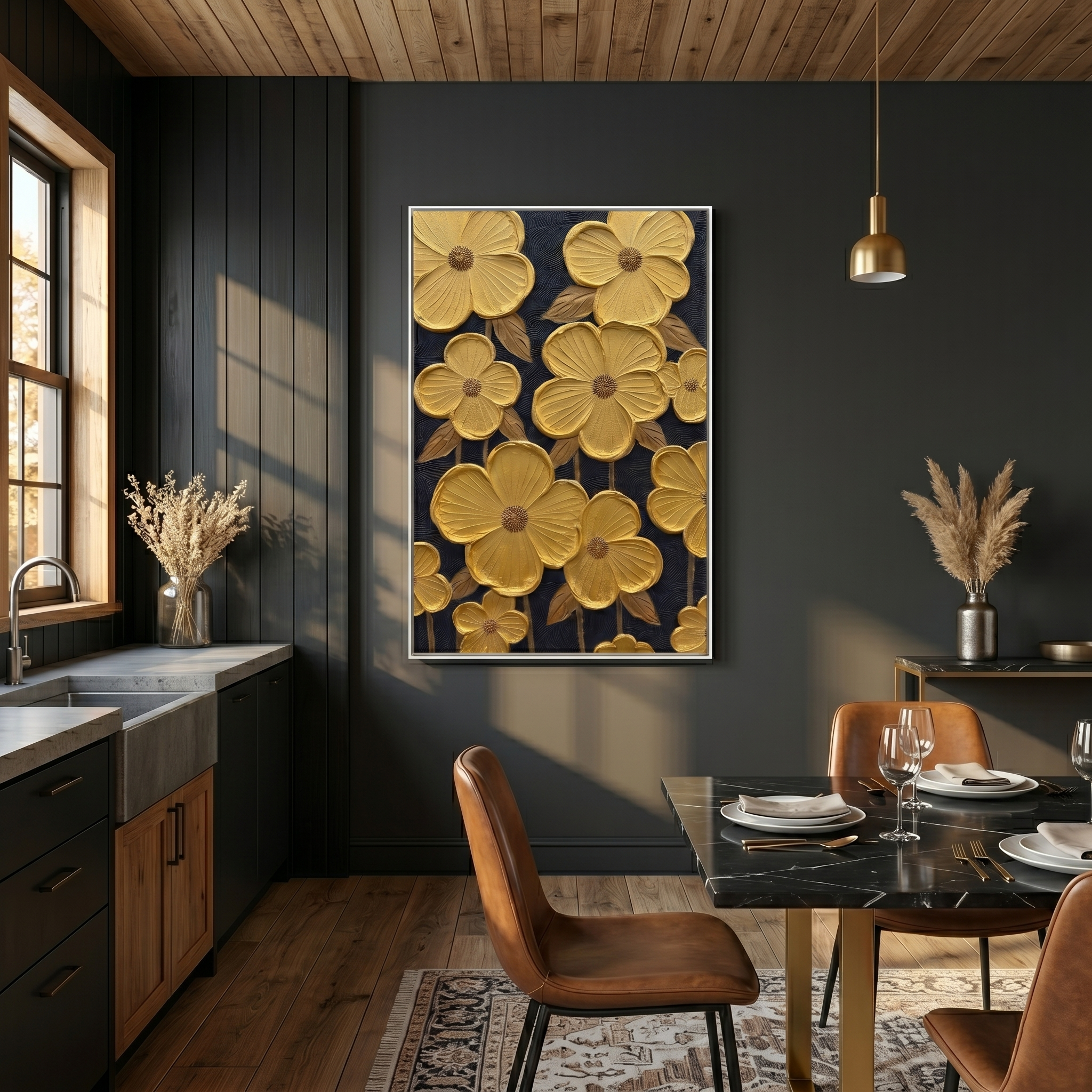 Gilded Age – Modern Luxury 3D Sculpted Gold Flowers | Black & Gold Contrast Entryway Wall Art