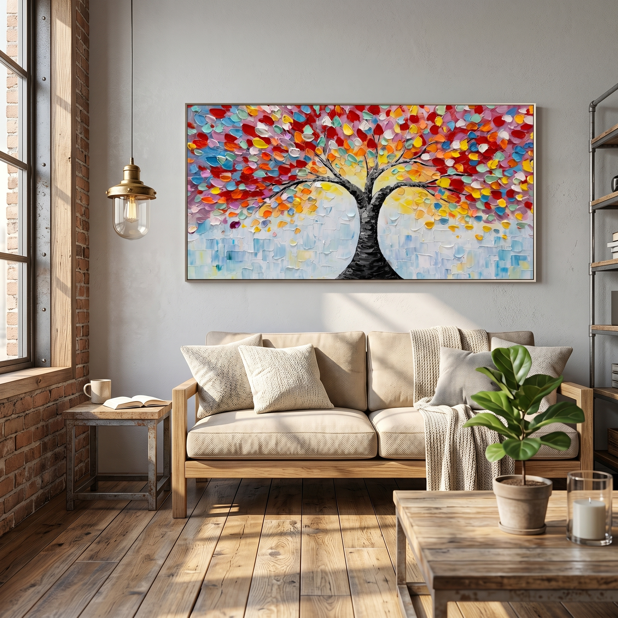 Rainbow Canopy – Modern Impasto Tree of Life Oil Painting | Vibrant Textured Panorama Living Room Art
