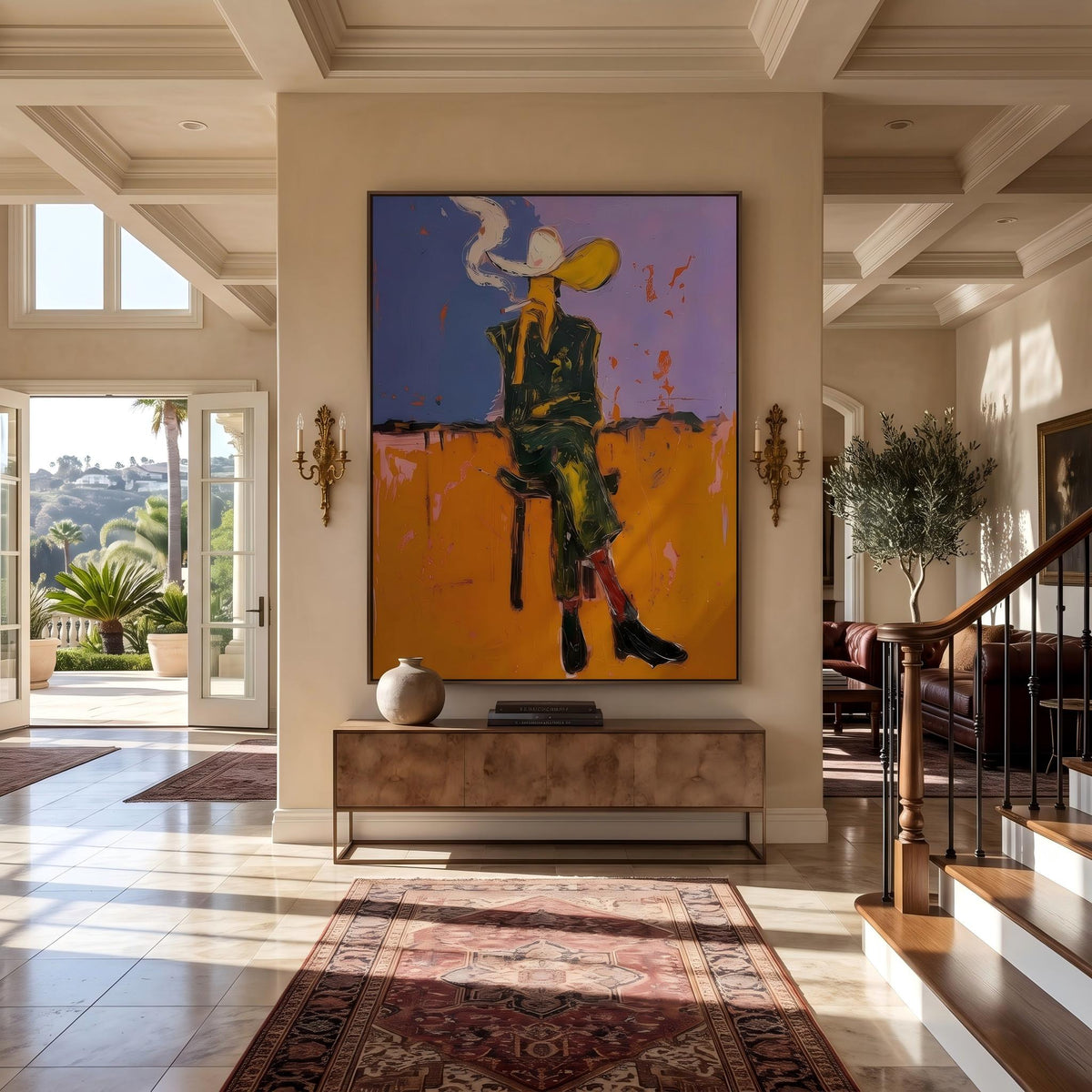 Smoke Rises Past Spurs – Pop Art Smoking Cowboy Painting | Bold Orange Vertical Wall Art