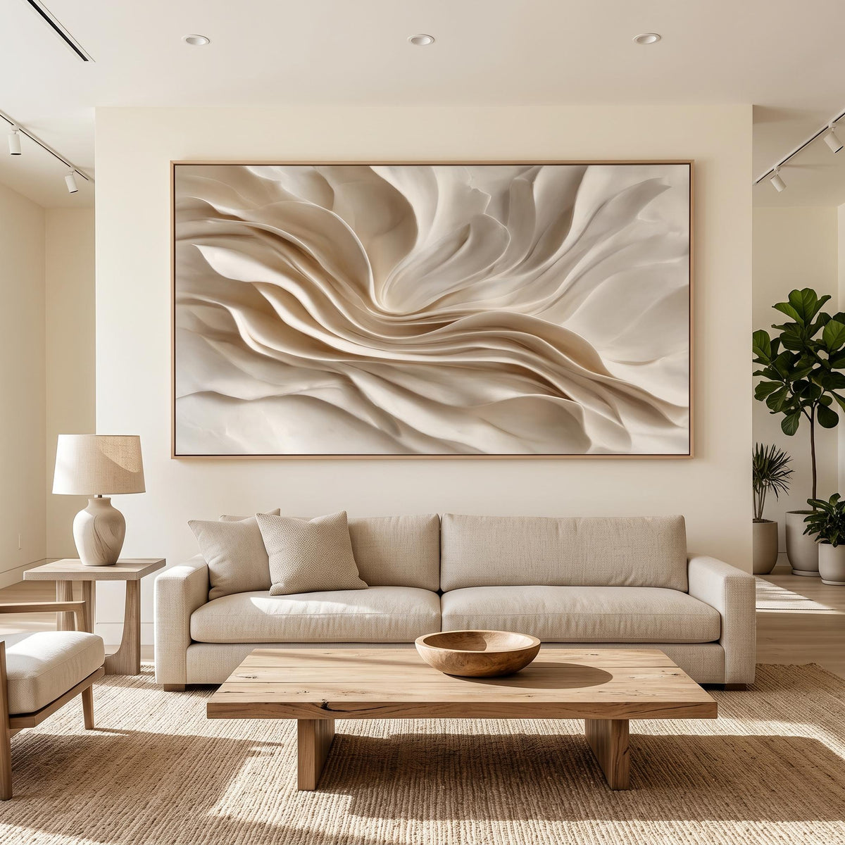Ivory Folds in Bloom – Cream Sculptural Abstract Painting | Textured Horizontal Wall Art