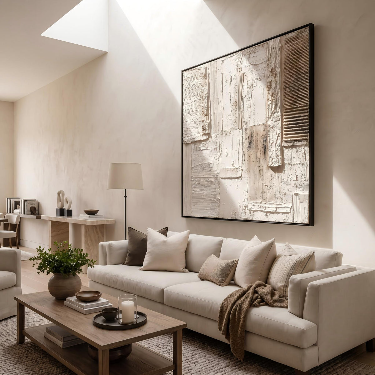 Ivory Grid in Silence – White Beige Geometric Painting | Textured Square Wall Art