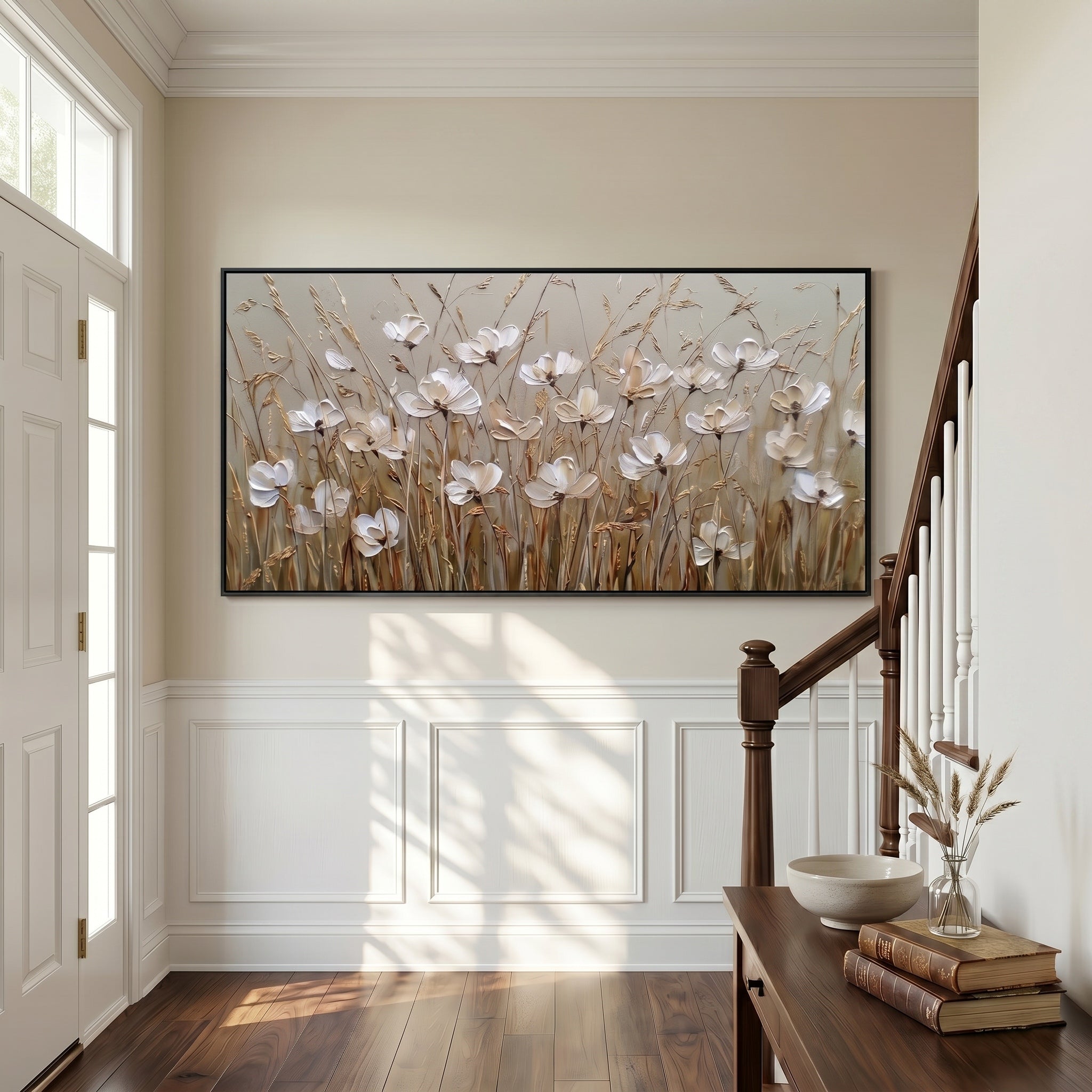 Autumn Whispers – Wabi-Sabi White Floral Earth Tone Impasto Canvas | Minimalist Living Room Wall Art