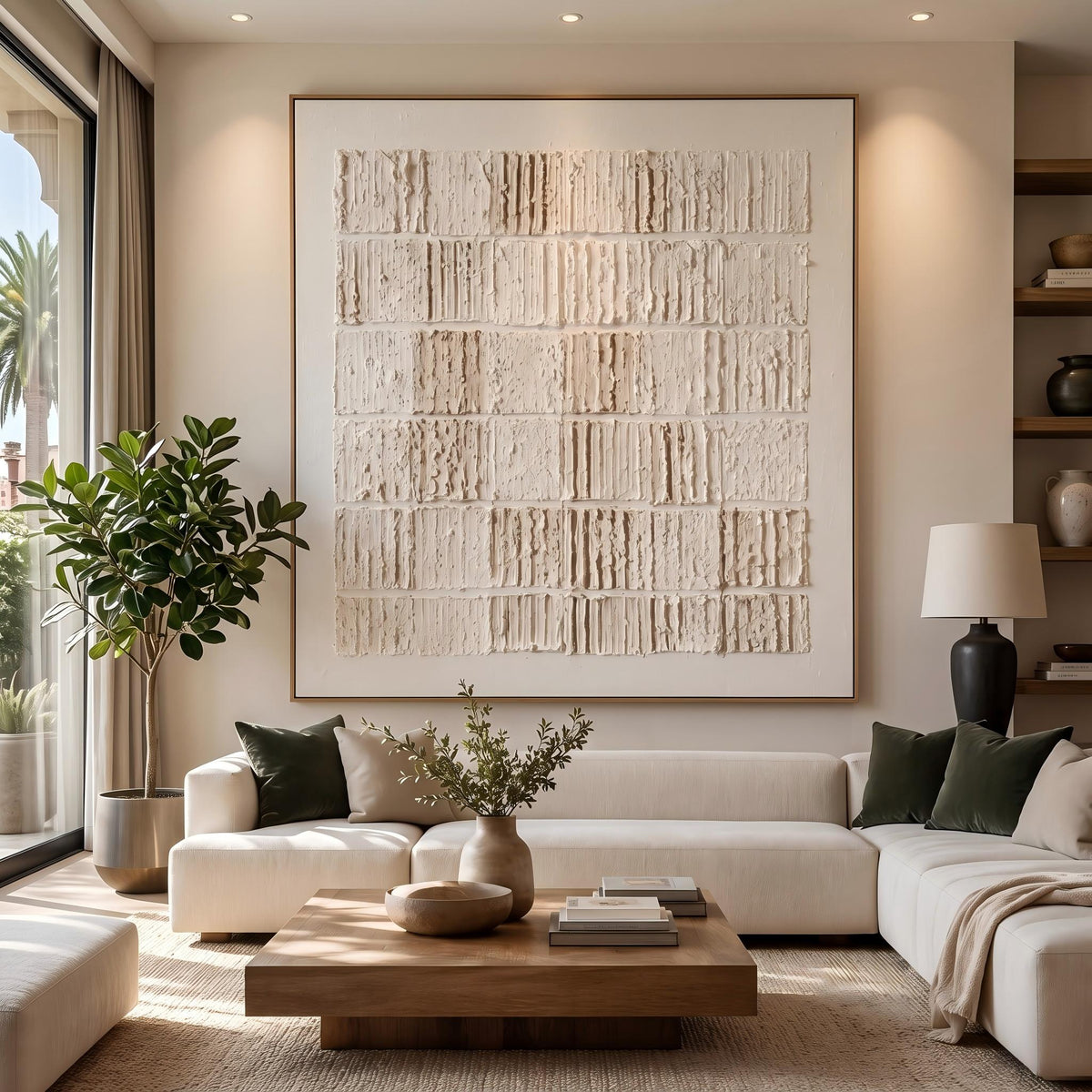 Quiet Blocks Hold Light – Cream Geometric Relief Painting | Wabi-Sabi Square Wall Art