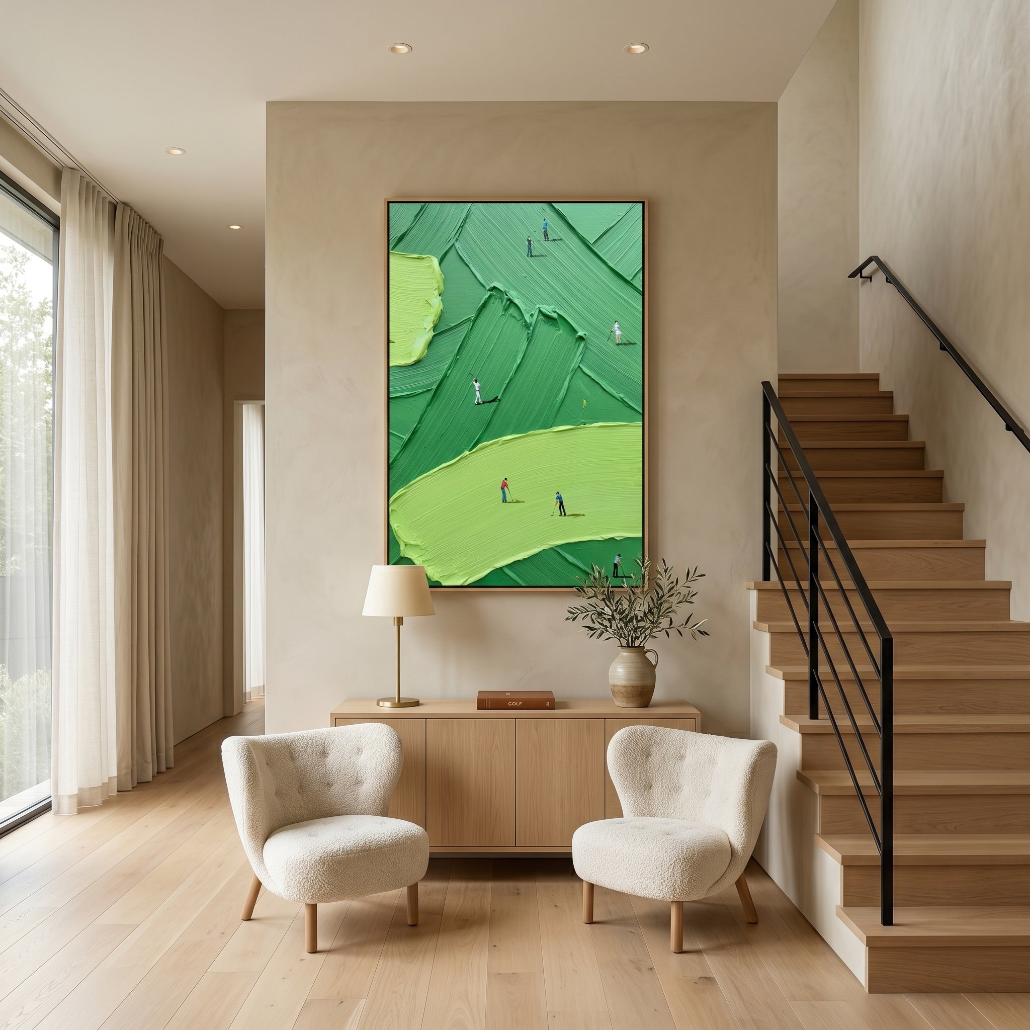 The Fairway Pursuit – Modern Impasto Golfing Painting | Creative Green Texture Sports Office Decor