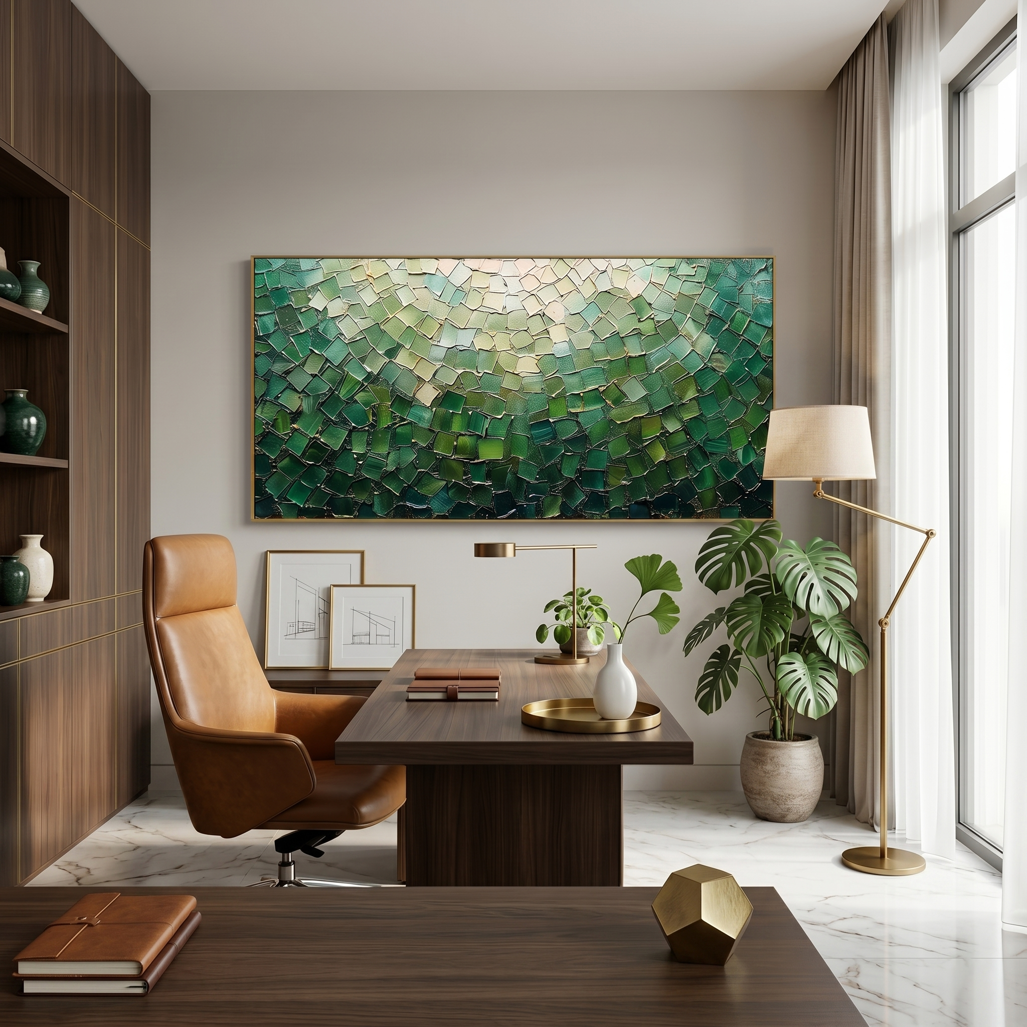 Emerald Scales – Modern Impasto Mosaic Abstract Painting | Luxury Gilded Teal Panorama Living Room Art