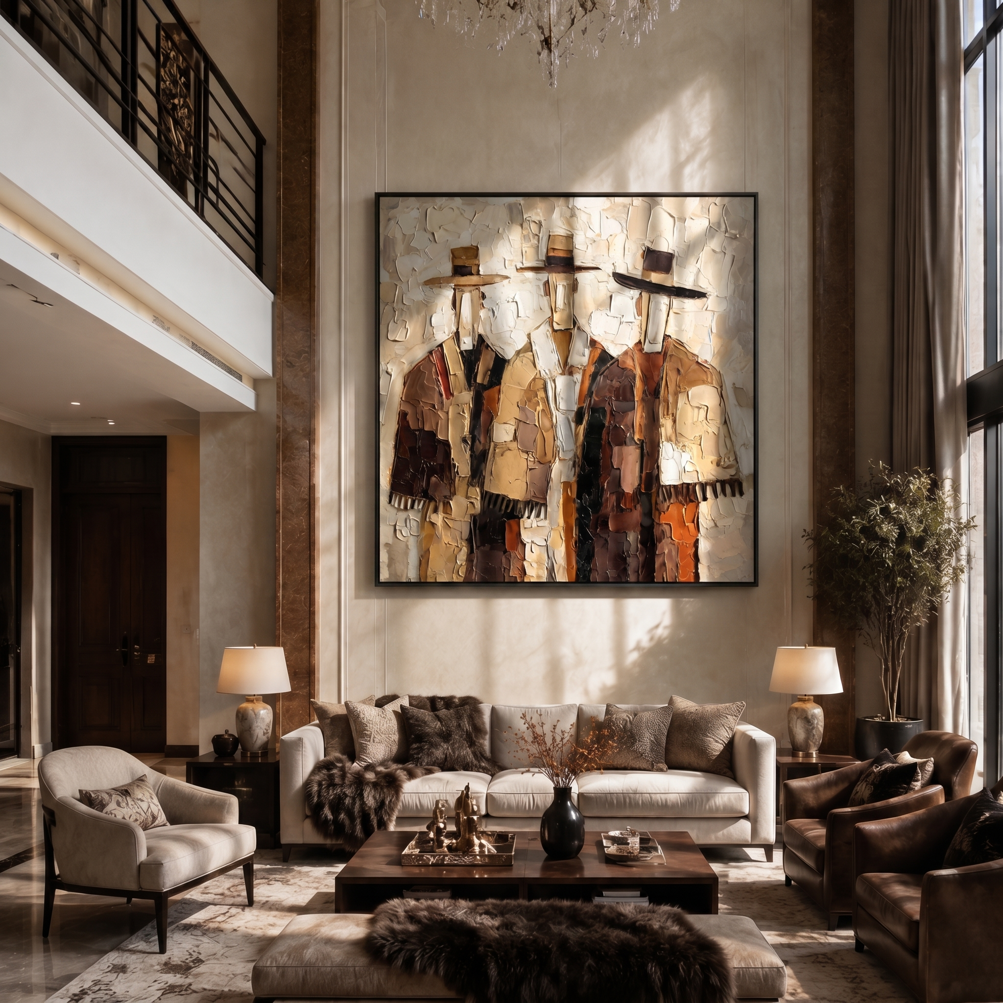 The Quiet Assembly – Mid-Century Neo-Expressionist Figures Heavy Impasto Painting | Earth Tone Palette Knife Abstract Portrait Canvas for Modern Living Room & Study