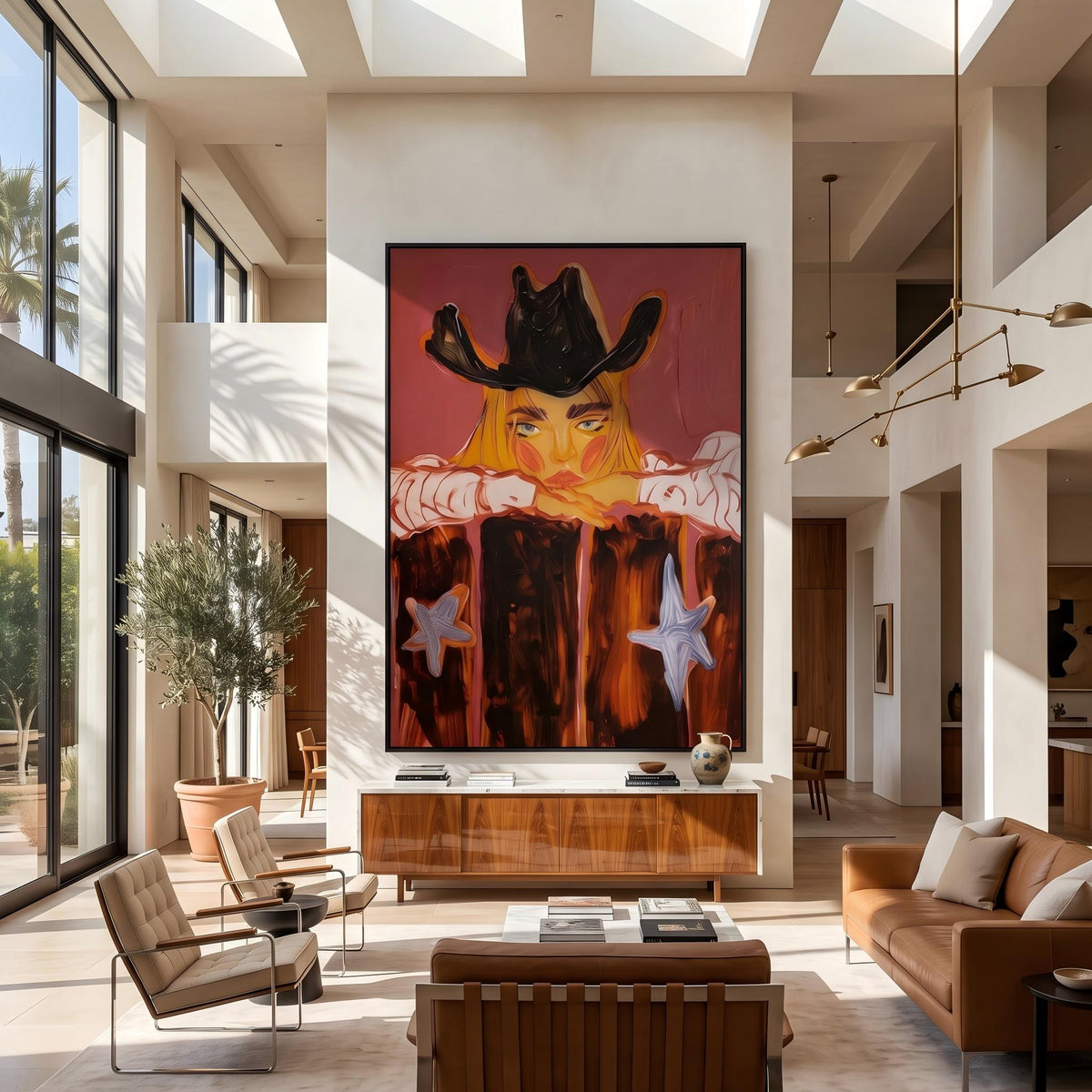 Cowboy Leans Through Sunset – Pop Art Western Figure Painting | Warm Red Vertical Wall Art