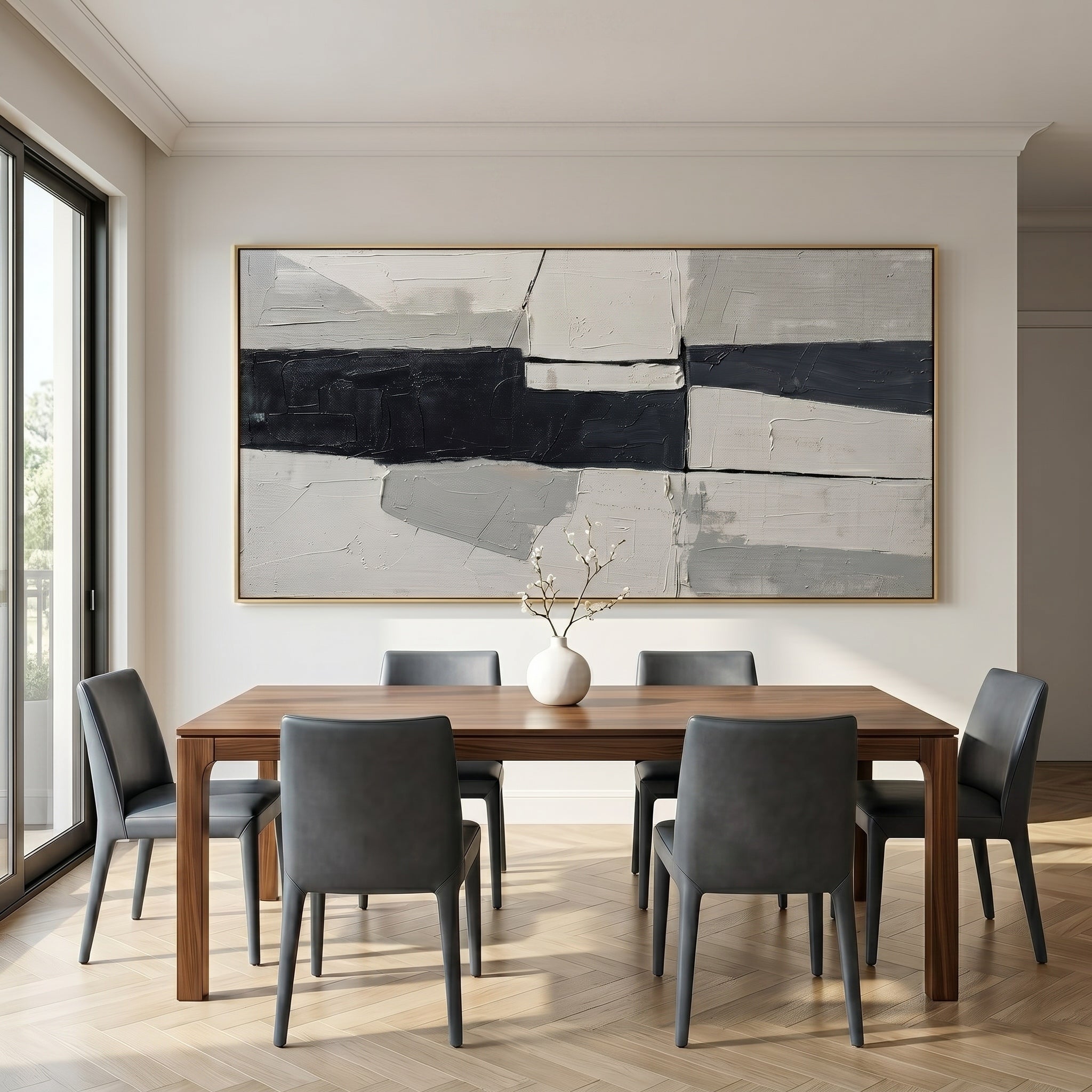 Geometric Edge – Modern Minimalist Black & White Abstract Oil Painting | Structural Color Block Office Art