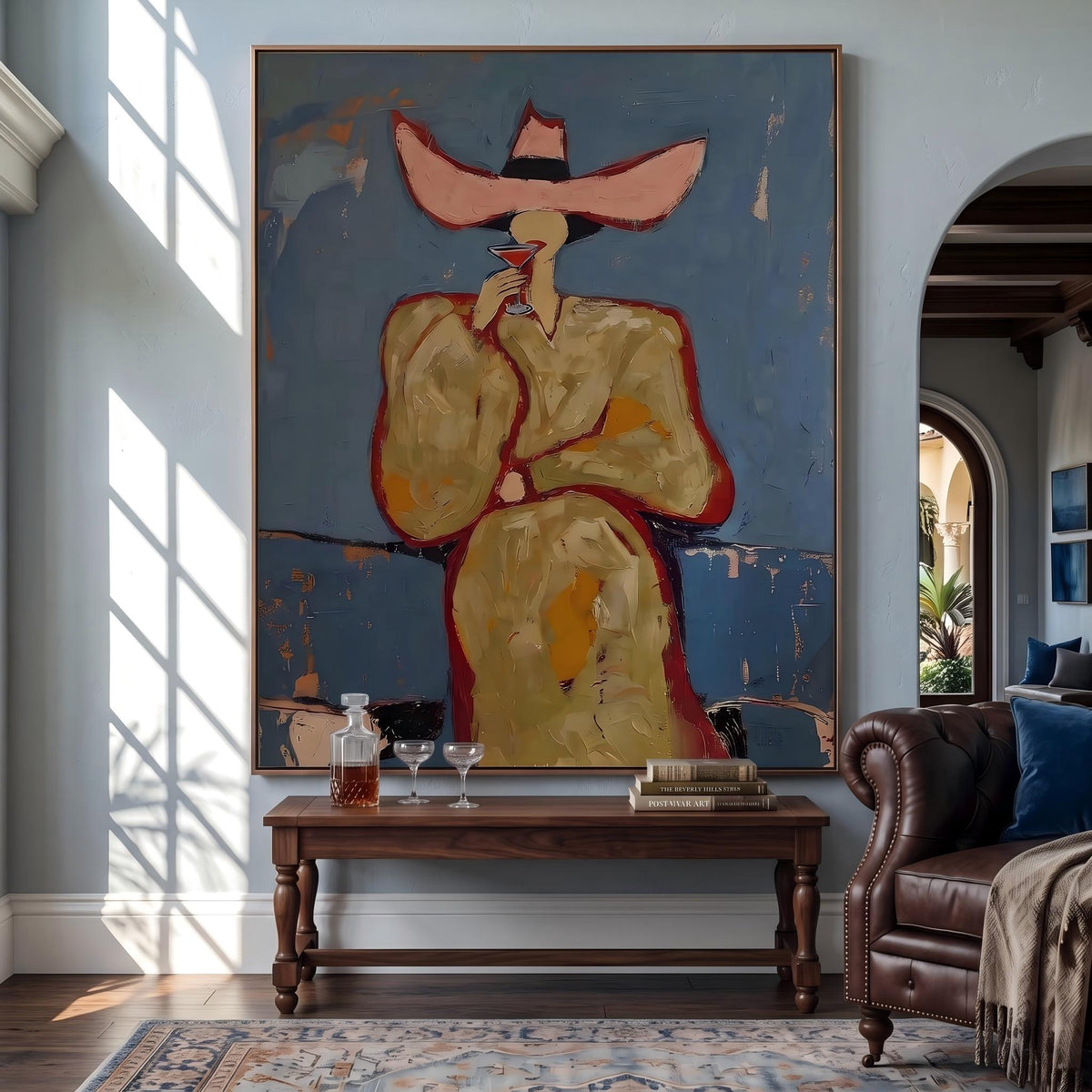 Midnight Hat Rides Tall – Pop Art Western Woman Painting | Blue Vertical Wall Art