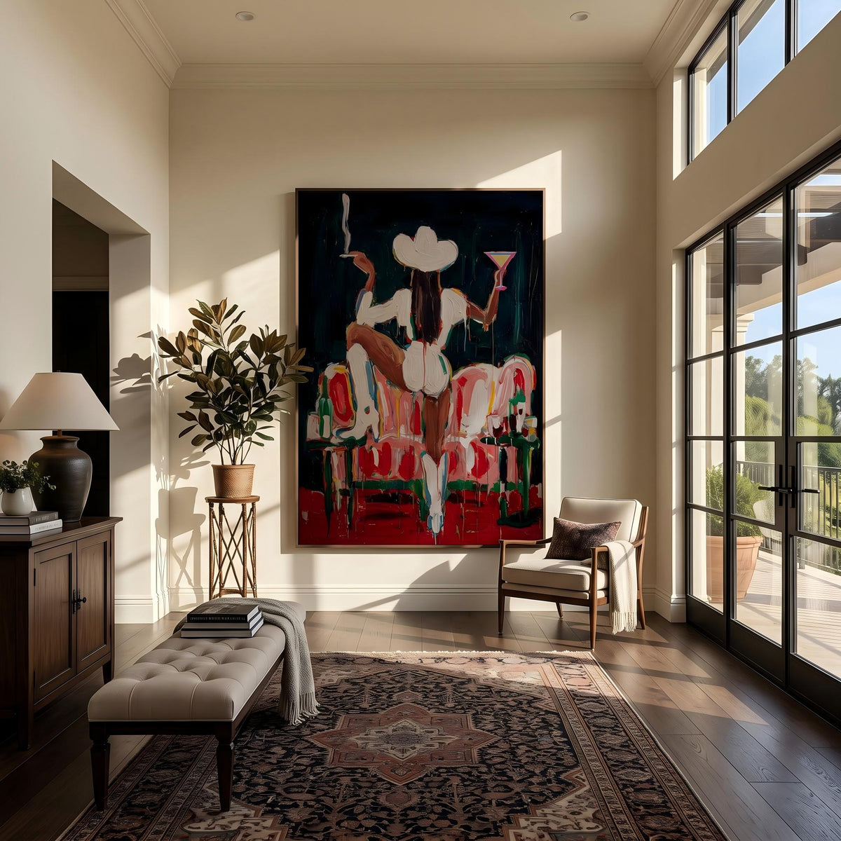 White Hat Takes Center – Pop Art Western Figure Painting | Dark Vertical Wall Art