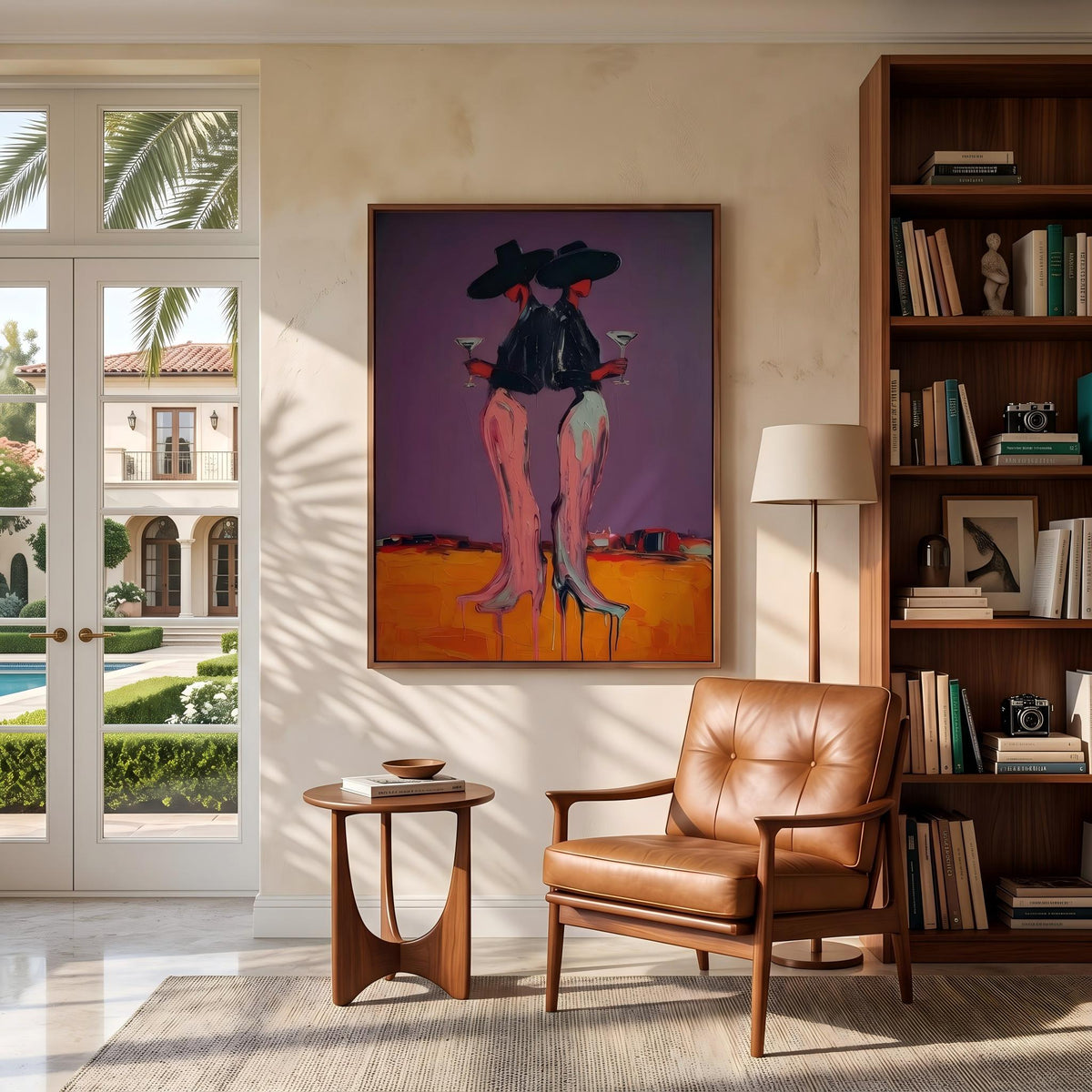 Two Cowgirls After Sunset – Pop Art Western Women Painting | Bold Purple Vertical Wall Art