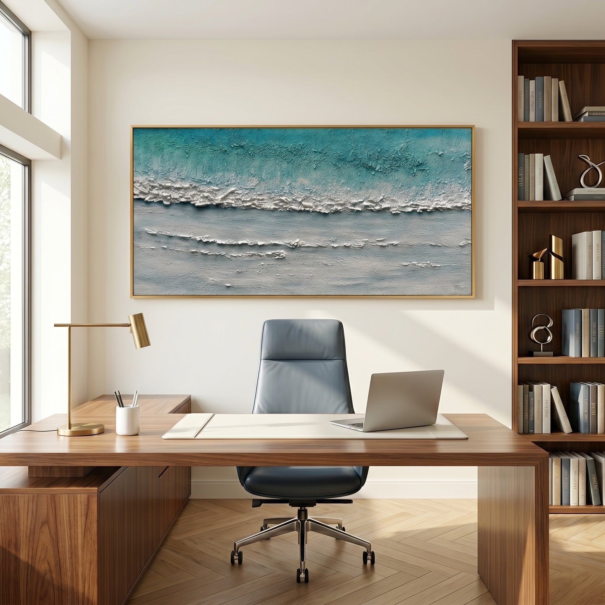 Azure Realm – Wabi sabi style turquoise thickly applied texture painting | Modern minimalist living room art