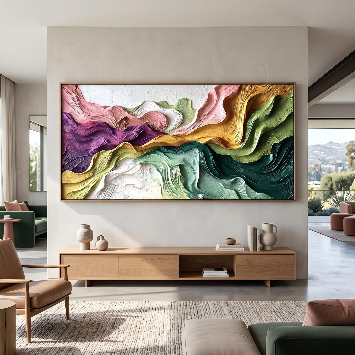 Prismatic Valley Current – Multicolor Flowing Abstract Painting | Contemporary Horizontal Wall Art