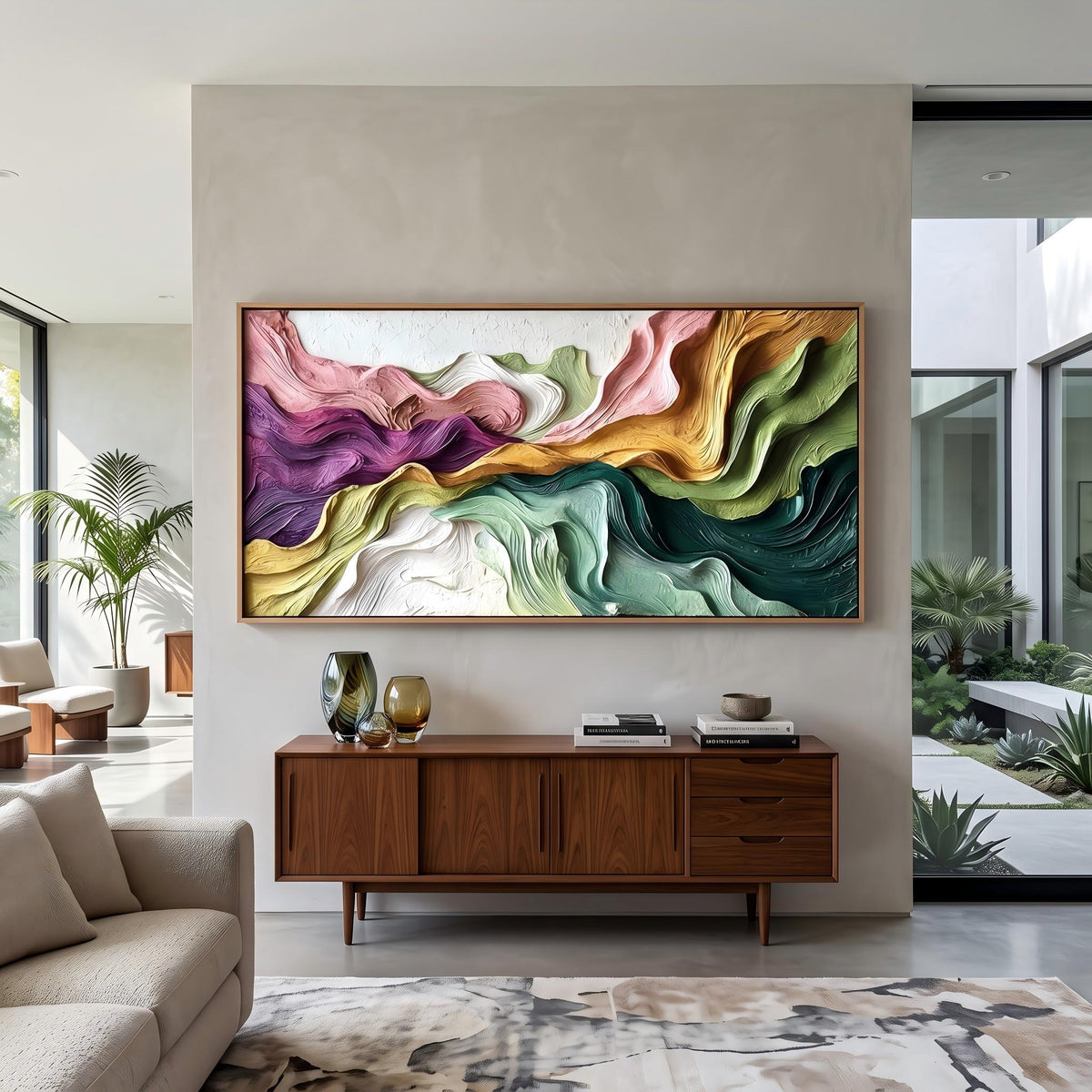 Prismatic Valley Current – Multicolor Flowing Abstract Painting | Contemporary Horizontal Wall Art