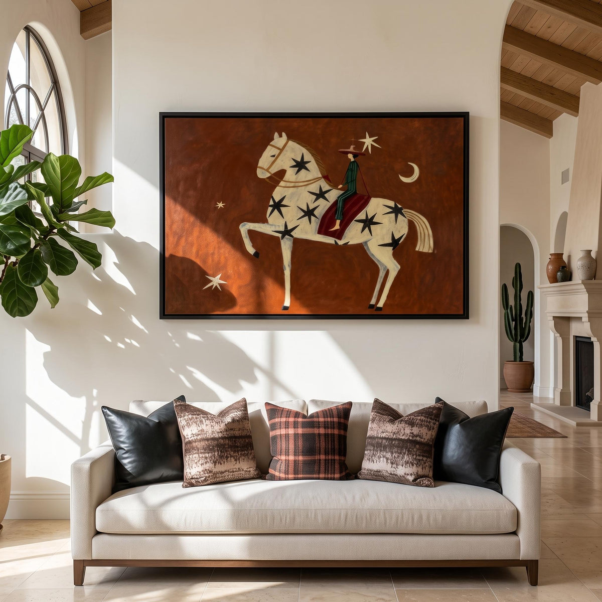 Stars Above Red Reins – Rust Horse and Rider Painting | Whimsical Western Horizontal Wall Art