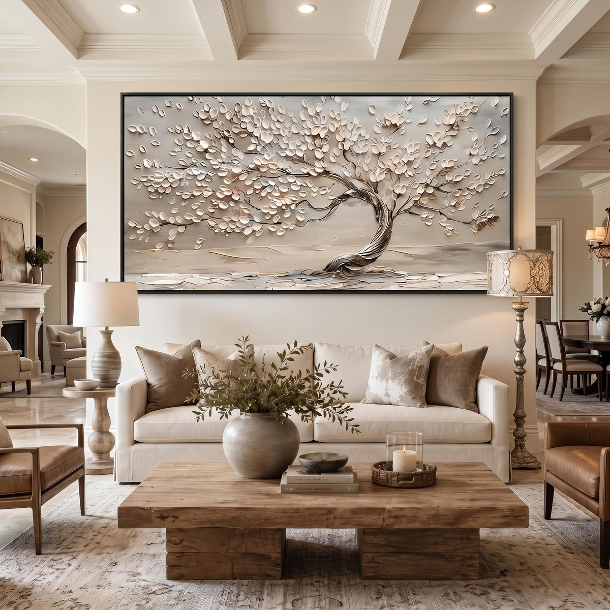 Blossoms Along Silver Branches – White Flower Tree Painting | Textured Horizontal Wall Art