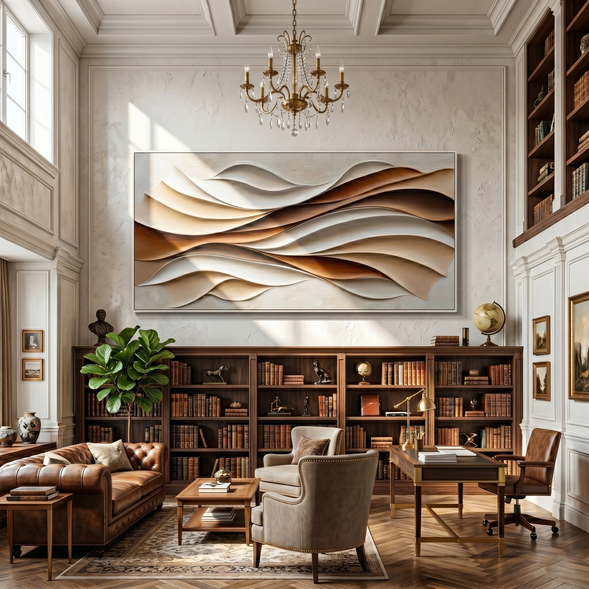 Caramel Contours – Modern Cream & Brown 3D Curved Relief Art | Minimalist Geometric Living Room Art